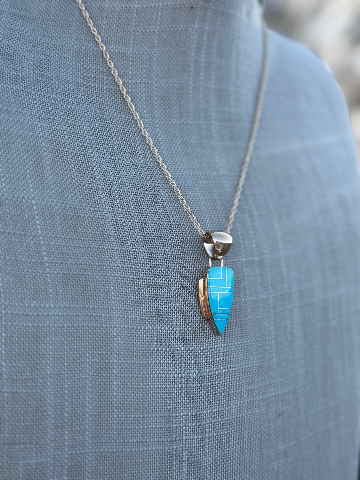 Handmade Gold Filled Over Sterling Silver & Turquoise Inlay Pendant Necklace 18"