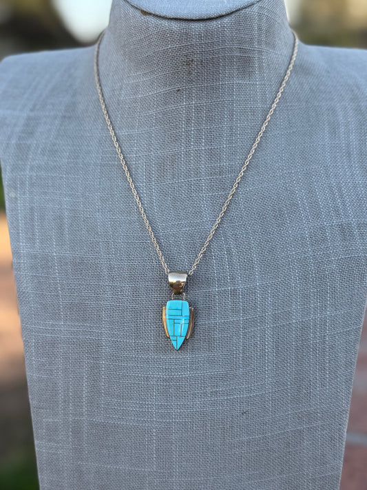 Handmade Gold Filled Over Sterling Silver & Turquoise Inlay Pendant Necklace 18"