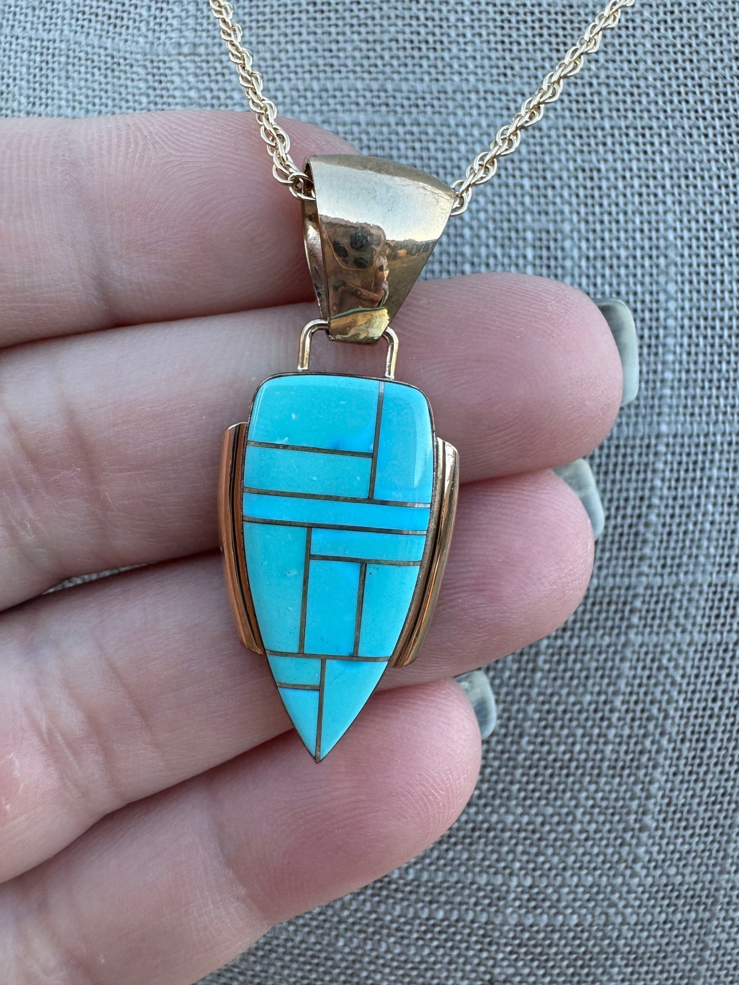 Handmade Gold Filled Over Sterling Silver & Turquoise Inlay Pendant Necklace 18"