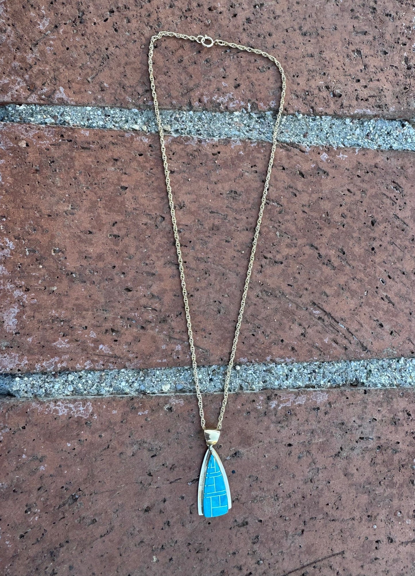 Handmade Gold Filled Over Sterling Silver & Turquoise Inlay Pendant Necklace 16"