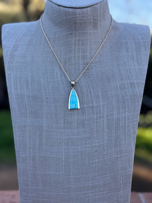 Handmade Gold Filled Over Sterling Silver & Turquoise Inlay Pendant Necklace 16"
