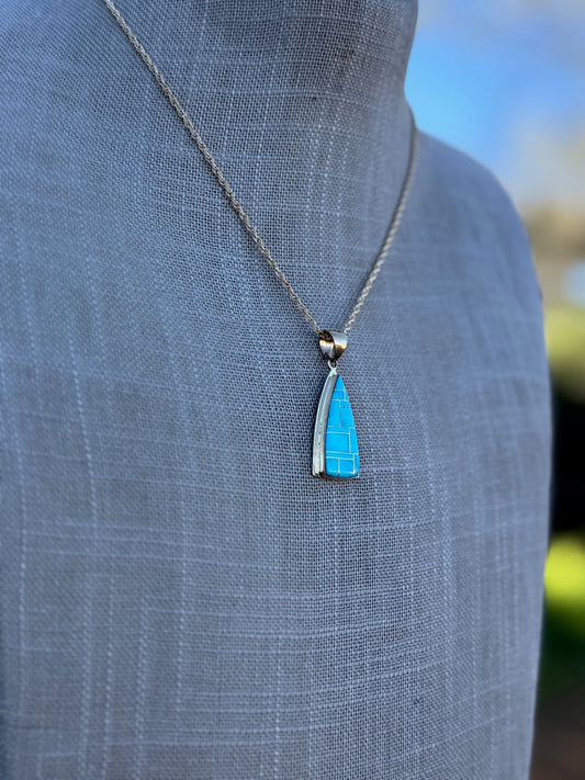 Handmade Gold Filled Over Sterling Silver & Turquoise Inlay Pendant Necklace 16"