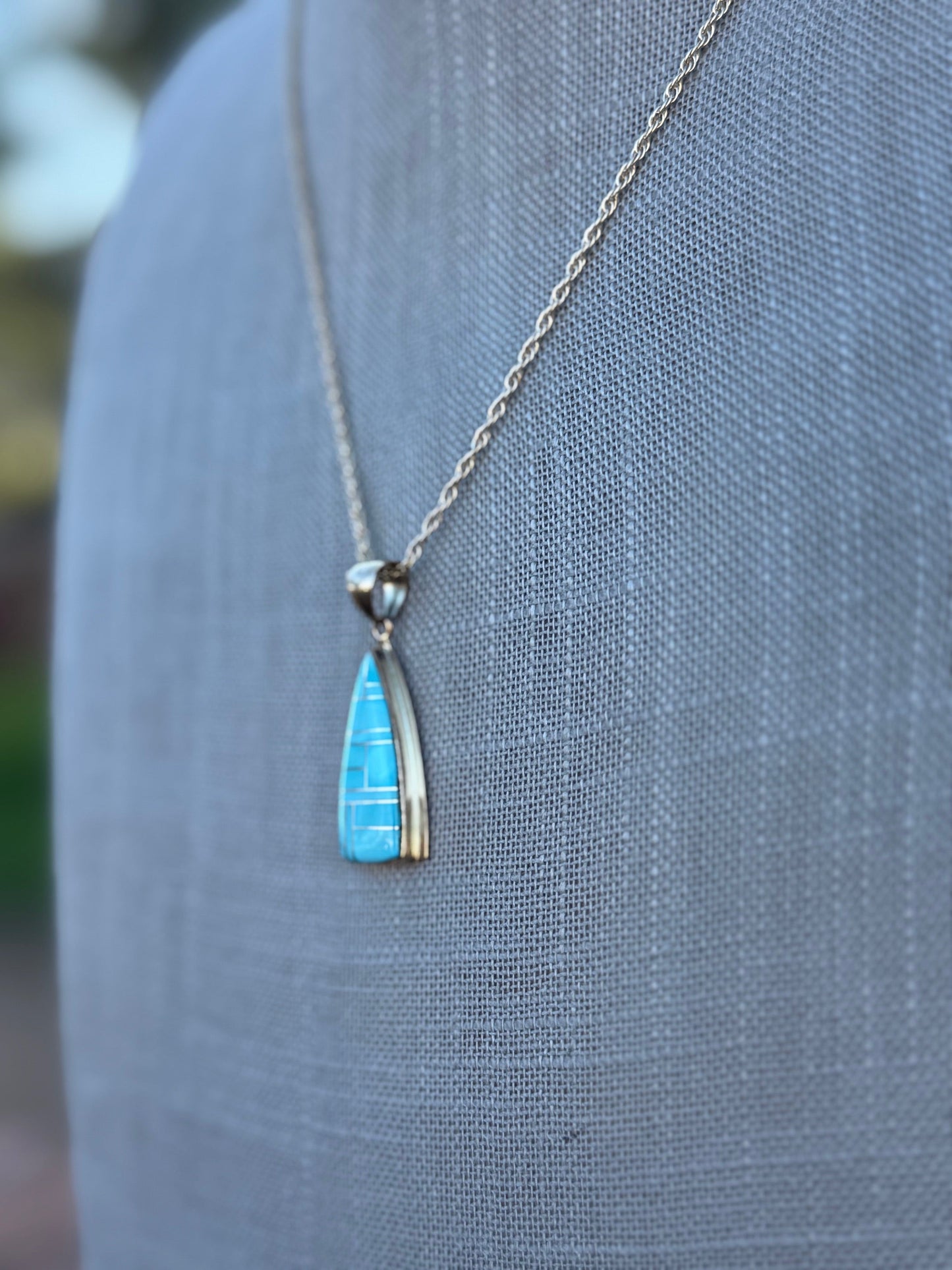 Handmade Gold Filled Over Sterling Silver & Turquoise Inlay Pendant Necklace 18"