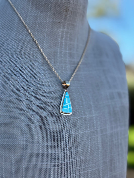 Handmade Gold Filled Over Sterling Silver & Turquoise Inlay Pendant Necklace 16"