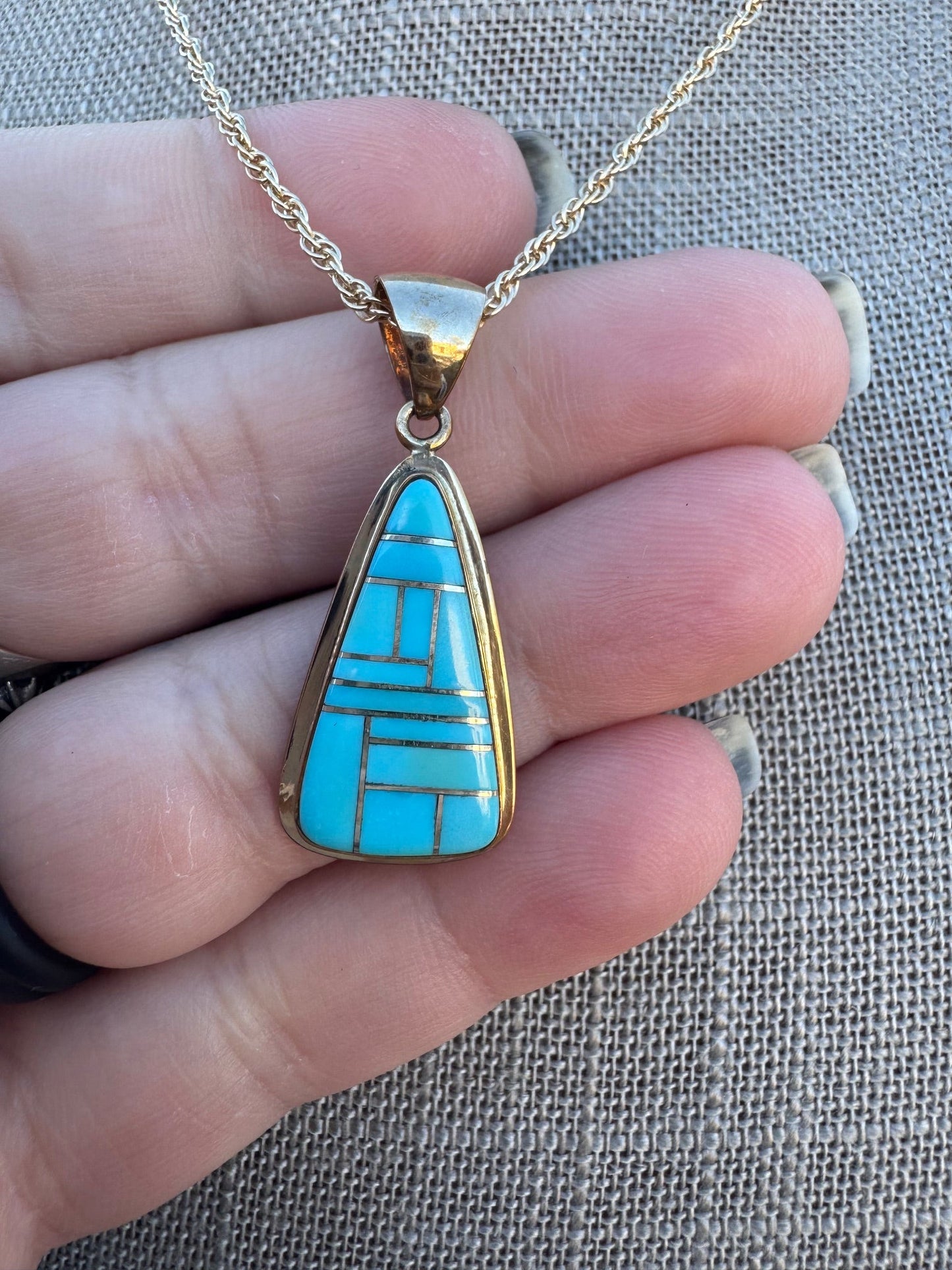 Handmade Gold Filled Over Sterling Silver & Turquoise Inlay Pendant Necklace 16"
