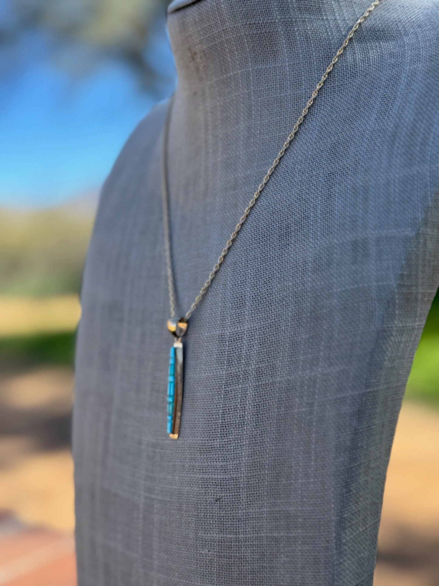 Handmade Gold Filled Over Sterling Silver & Turquoise Inlay Pendant Necklace 18"