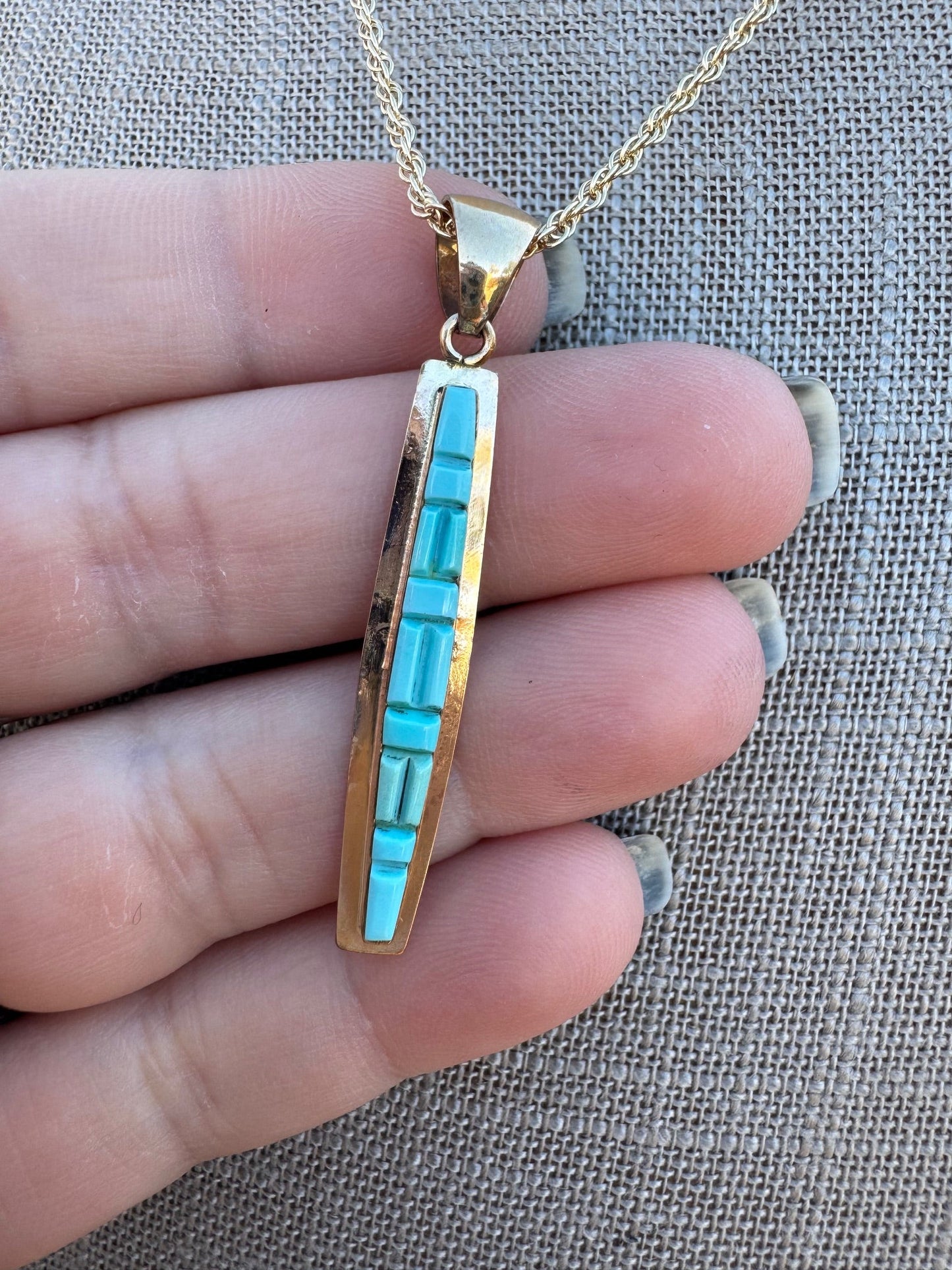 Handmade Gold Filled Over Sterling Silver & Turquoise Inlay Pendant Necklace 18"