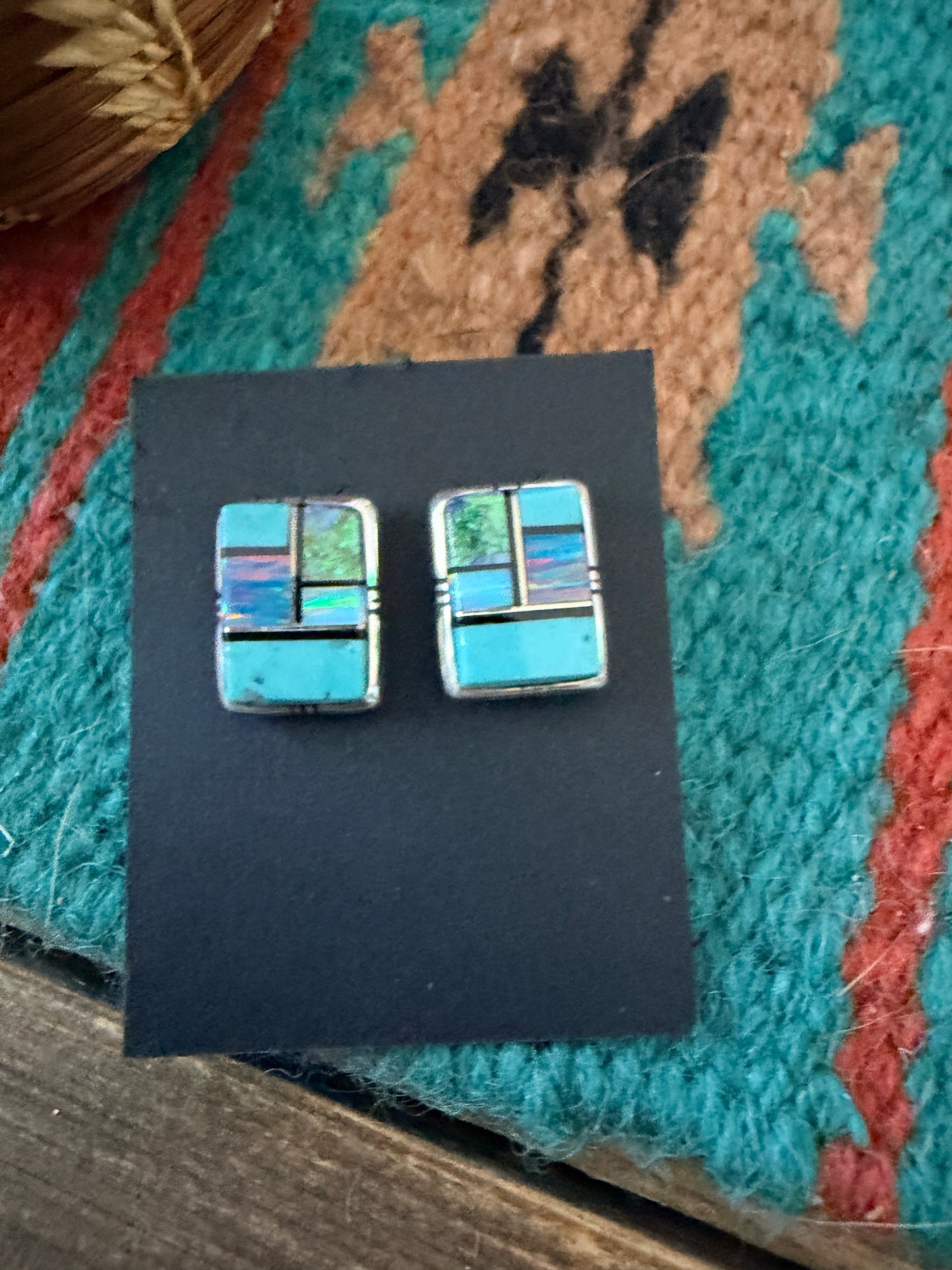 Handcrafted Opal, Turquoise & Sterling Silver Inlay Post Earrings