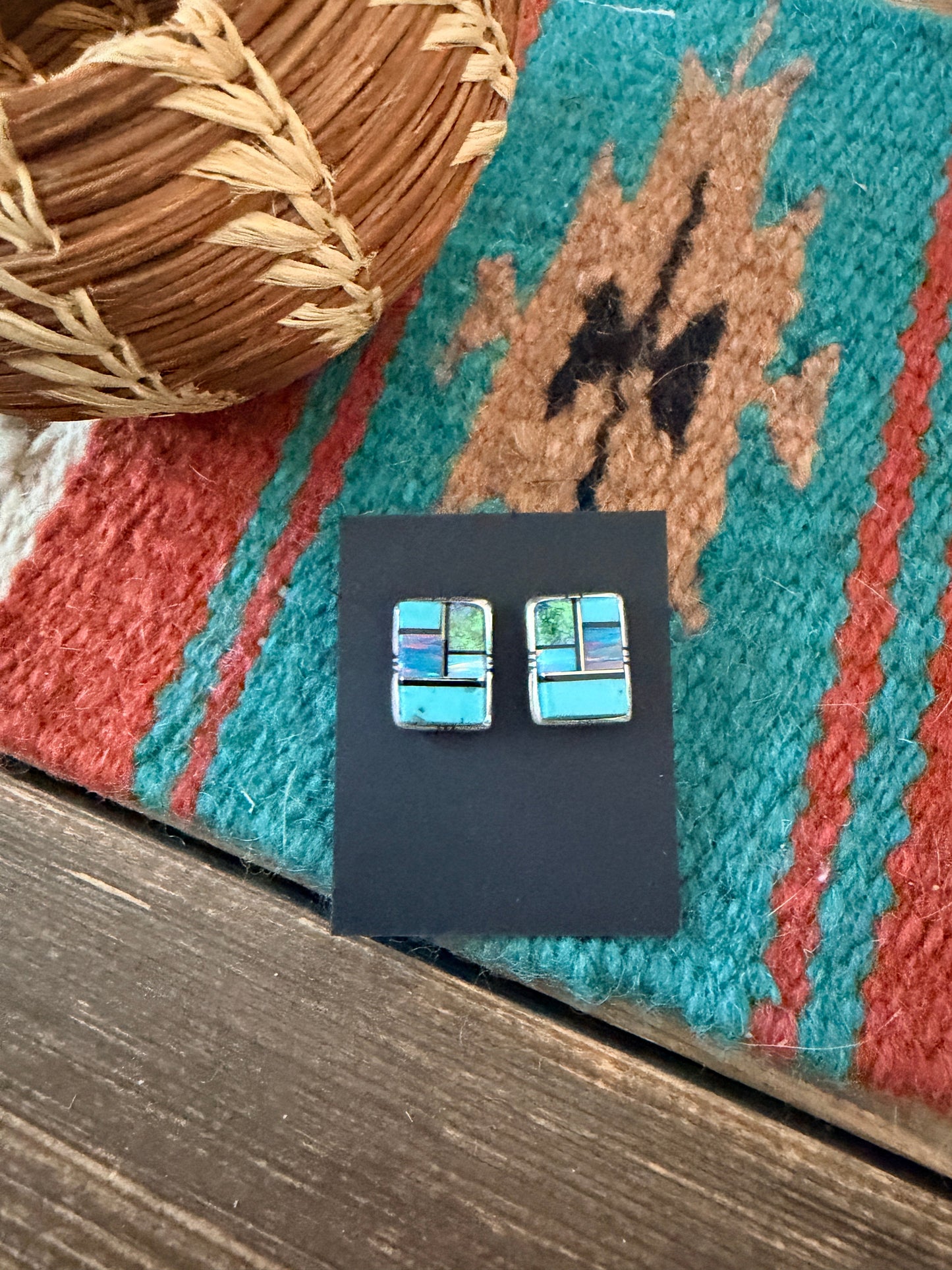 Handcrafted Opal, Turquoise & Sterling Silver Inlay Post Earrings