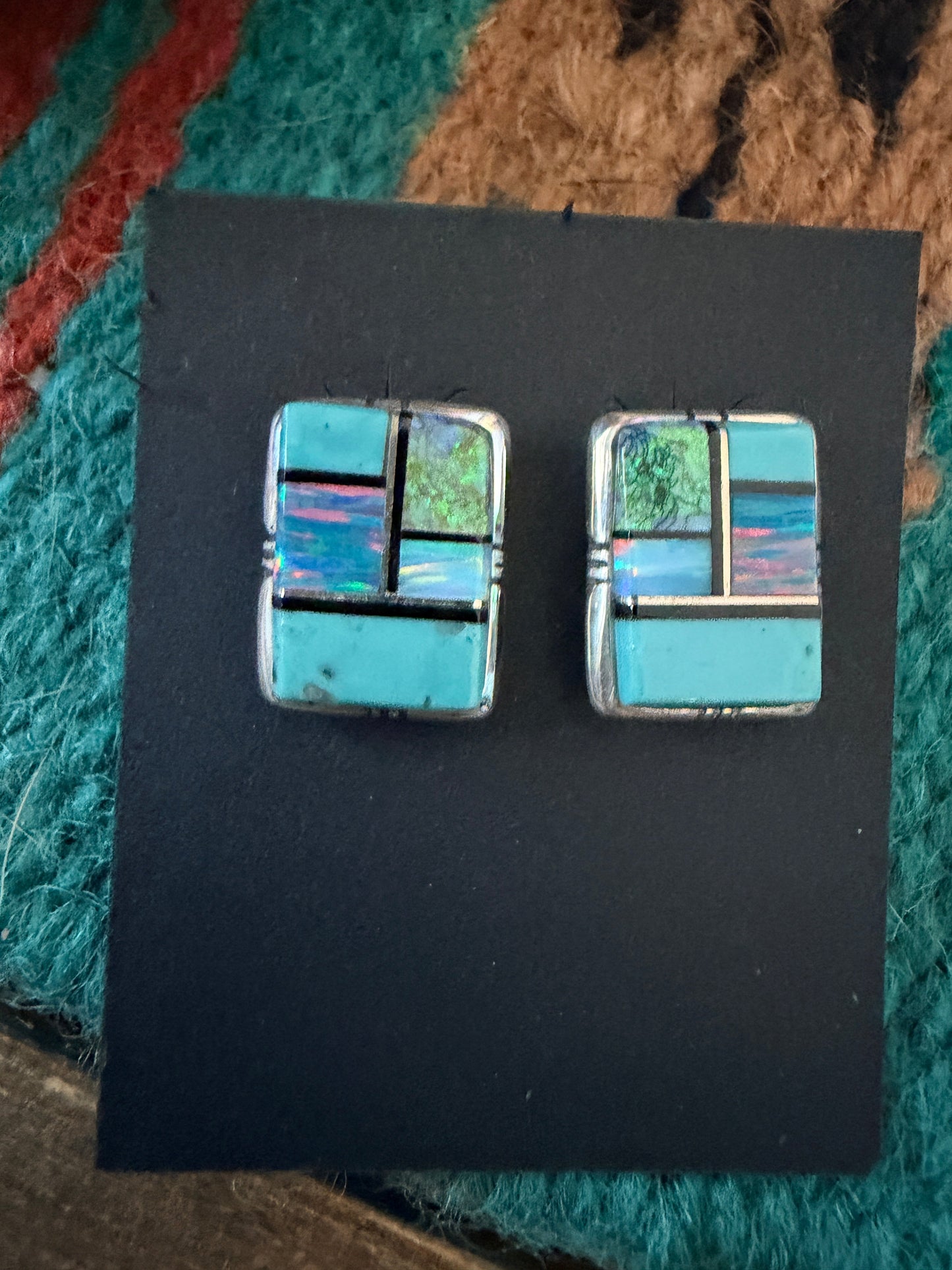 Handcrafted Opal, Turquoise & Sterling Silver Inlay Post Earrings