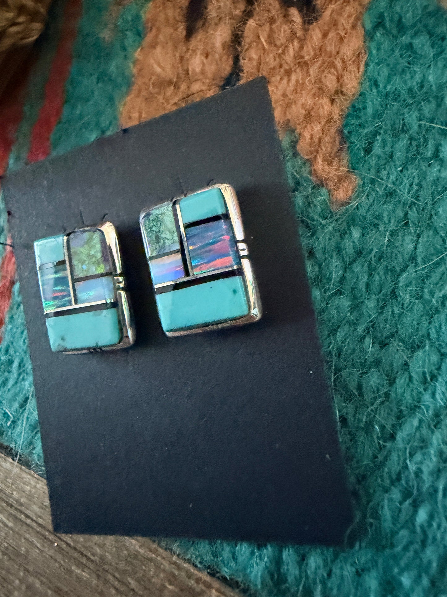 Handcrafted Opal, Turquoise & Sterling Silver Inlay Post Earrings