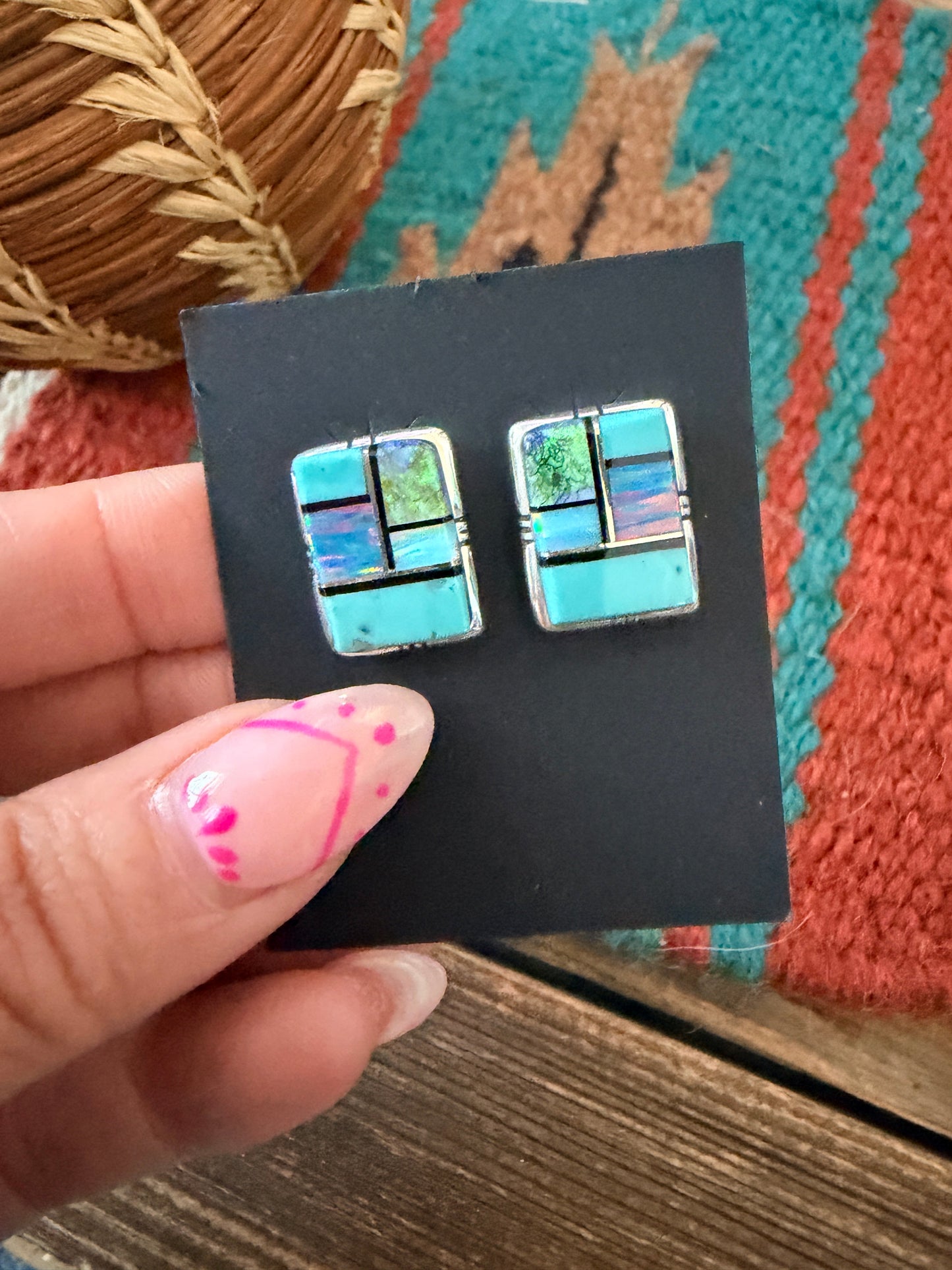 Handcrafted Opal, Turquoise & Sterling Silver Inlay Post Earrings