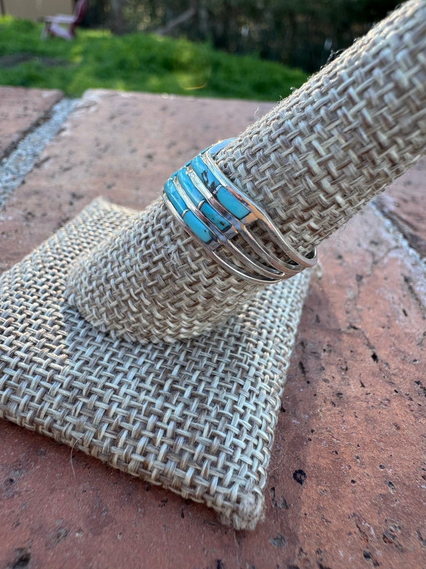 Handcrafted Sterling Silver & Kingman Turquoise Inlay 3 Row Stacker Ring