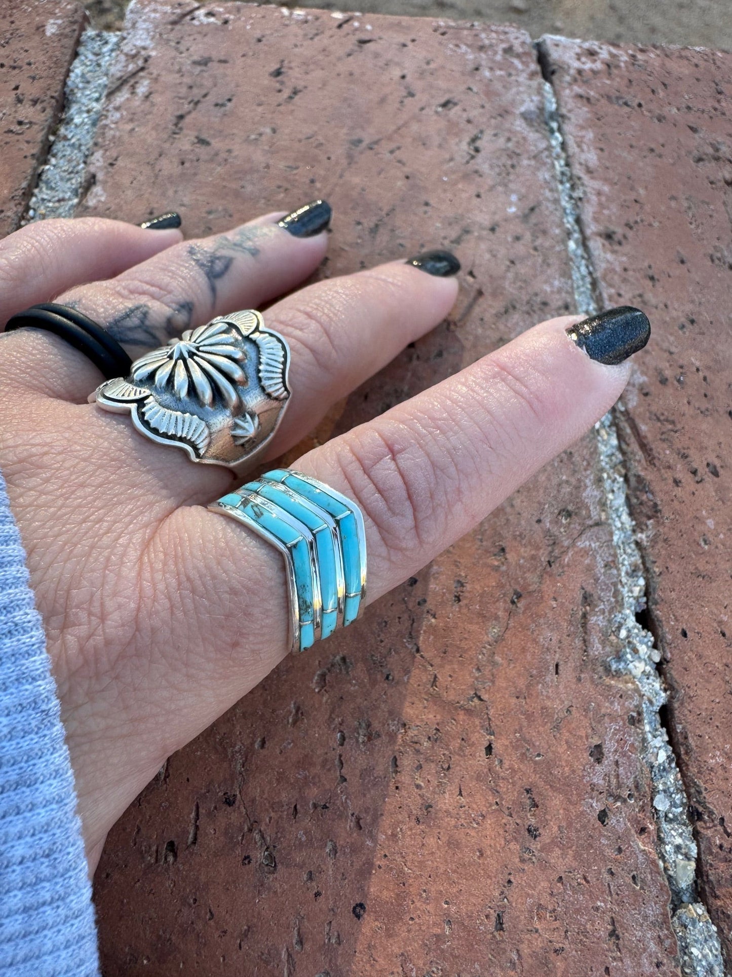 Handcrafted Sterling Silver & Kingman Turquoise Inlay 3 Row Stacker Ring