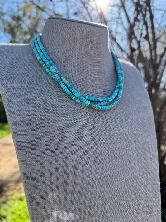Handcrafted Sterling Silver & Rolled Kingman Turquoise Beaded Necklace 17"