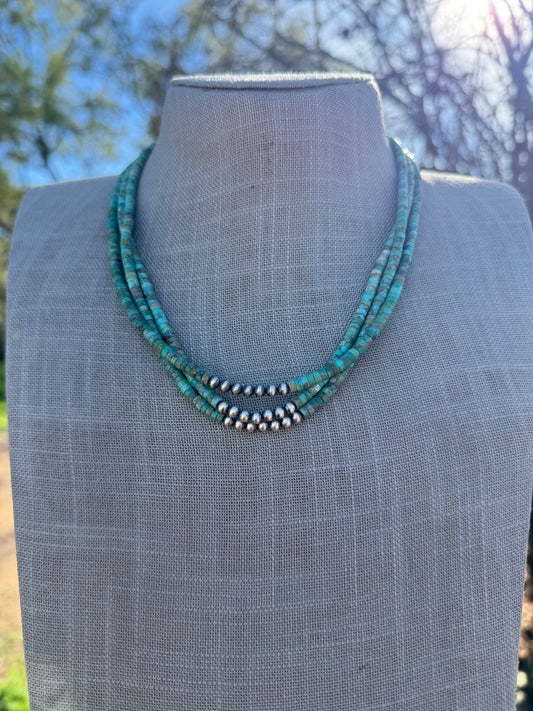 Handcrafted Sterling Silver & Kingman Turquoise Beaded Necklace 18"