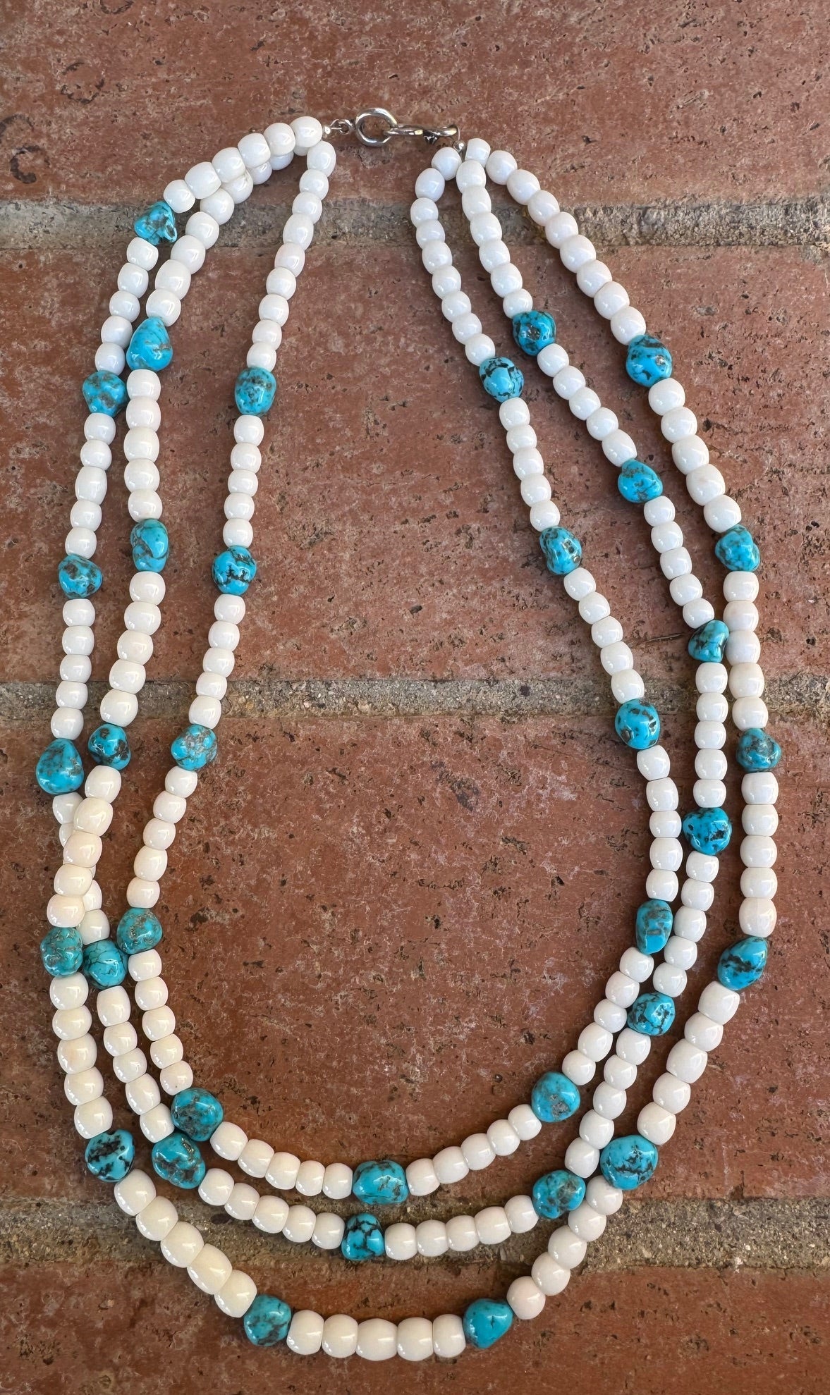 Handcrafted Kingman Turquoise & Mother of Pearl Sterling Silver 3 strand Beaded Necklace 22"