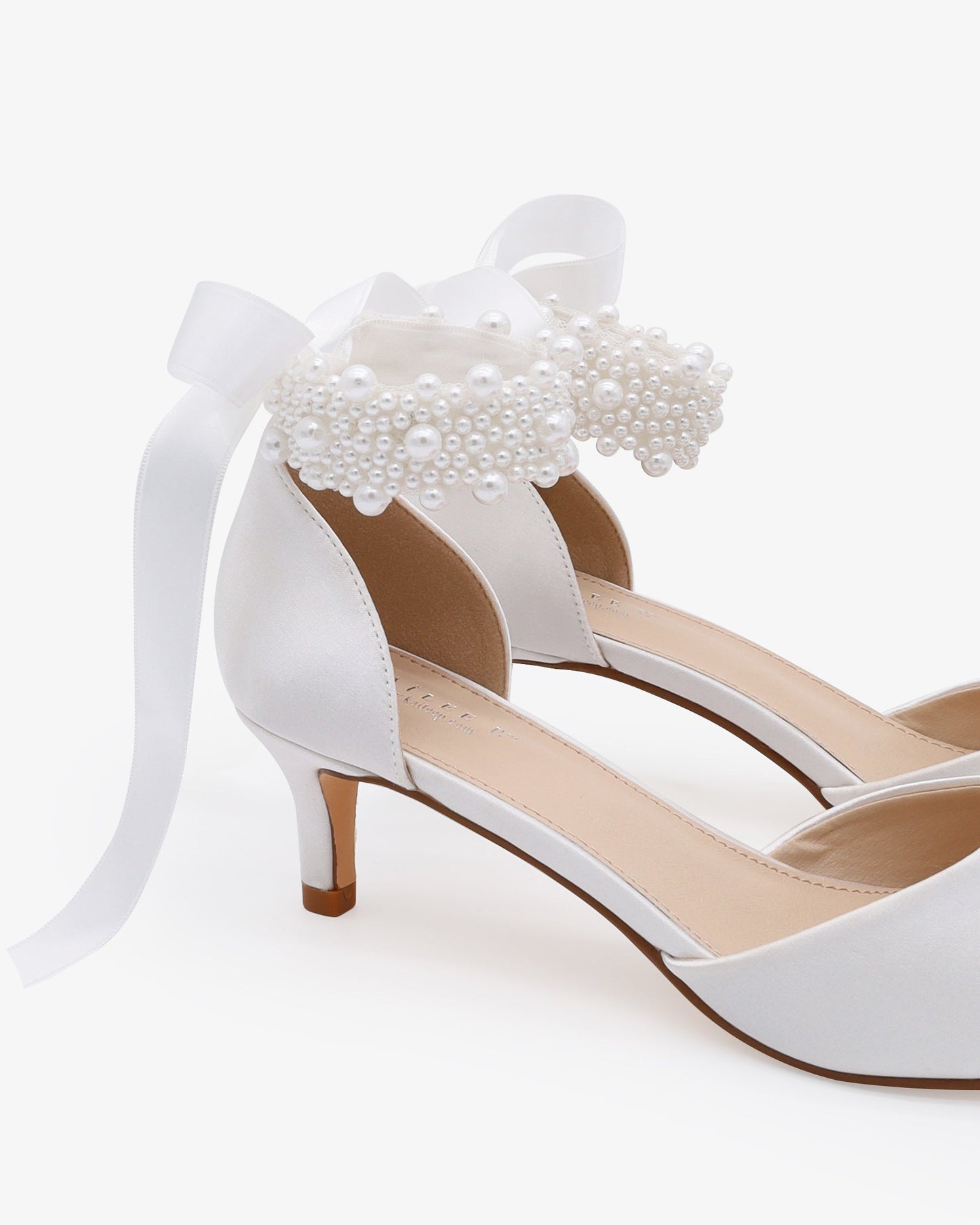 Satin Pointy Toe Kitten Low Heel with Perla Ankle Strap