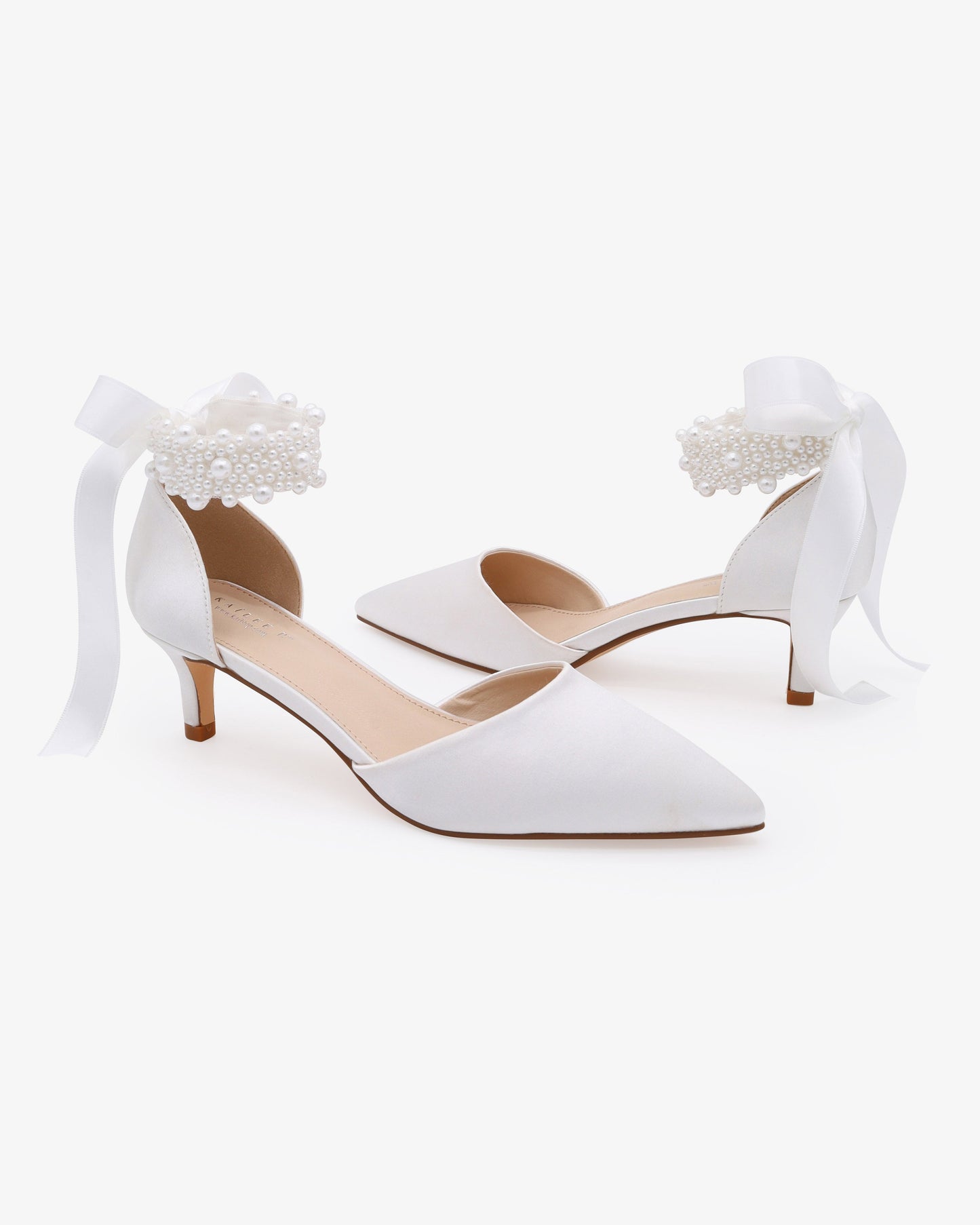 Satin Pointy Toe Kitten Low Heel with Perla Ankle Strap