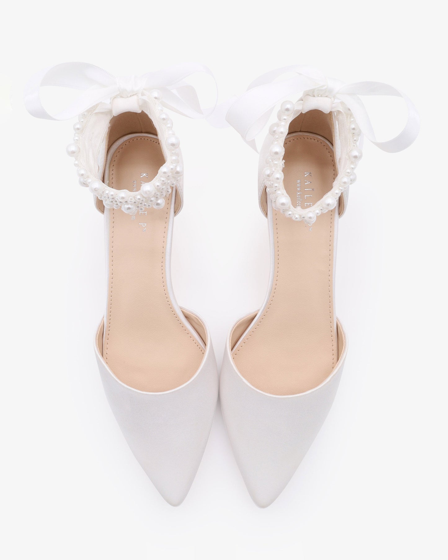 Satin Pointy Toe Kitten Low Heel with Perla Ankle Strap