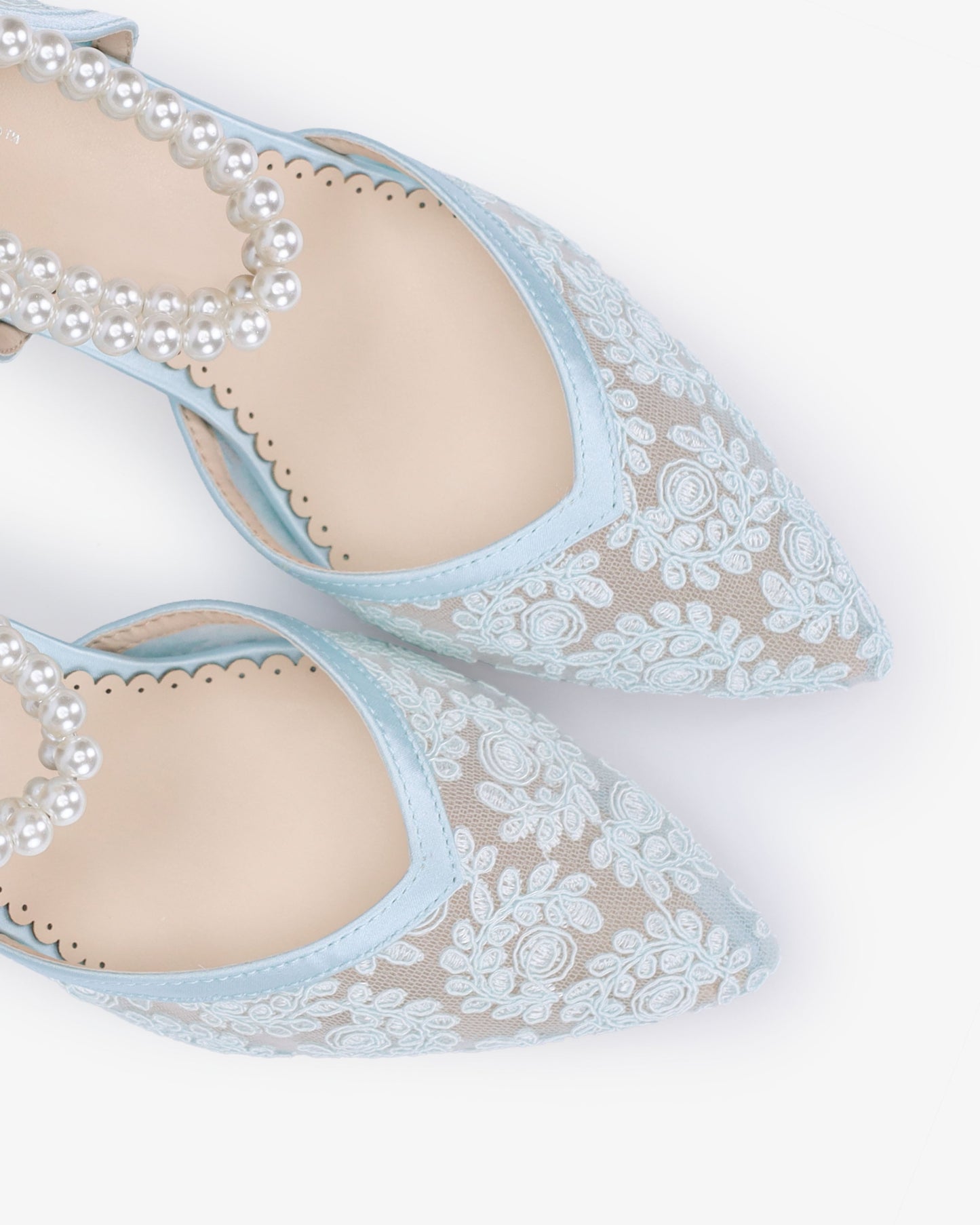 Lace Block Heel For Weddings with Double Pearls Ankle Strap