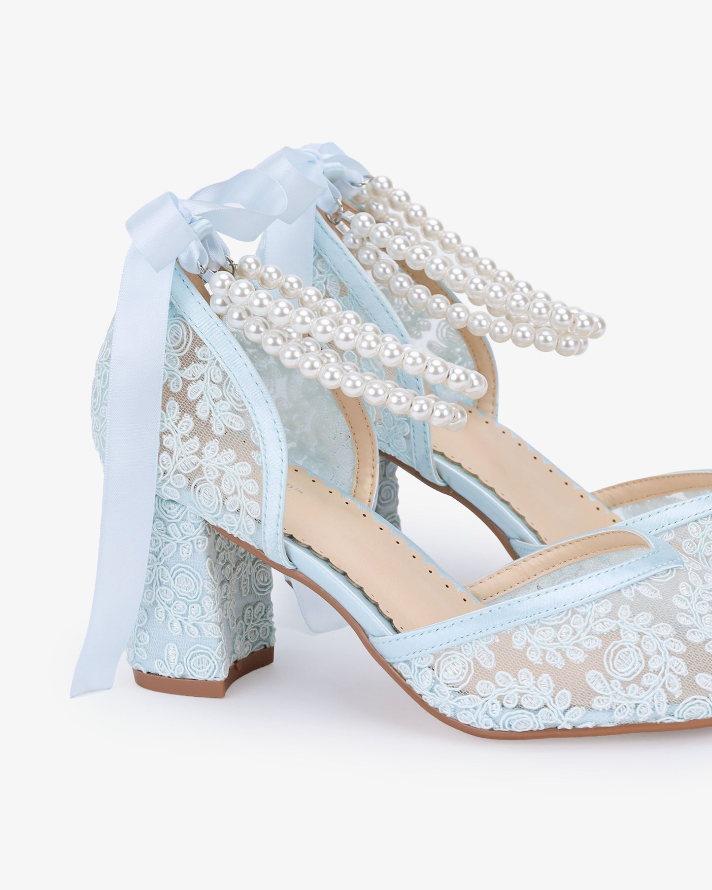 Lace Block Heel For Weddings with Double Pearls Ankle Strap