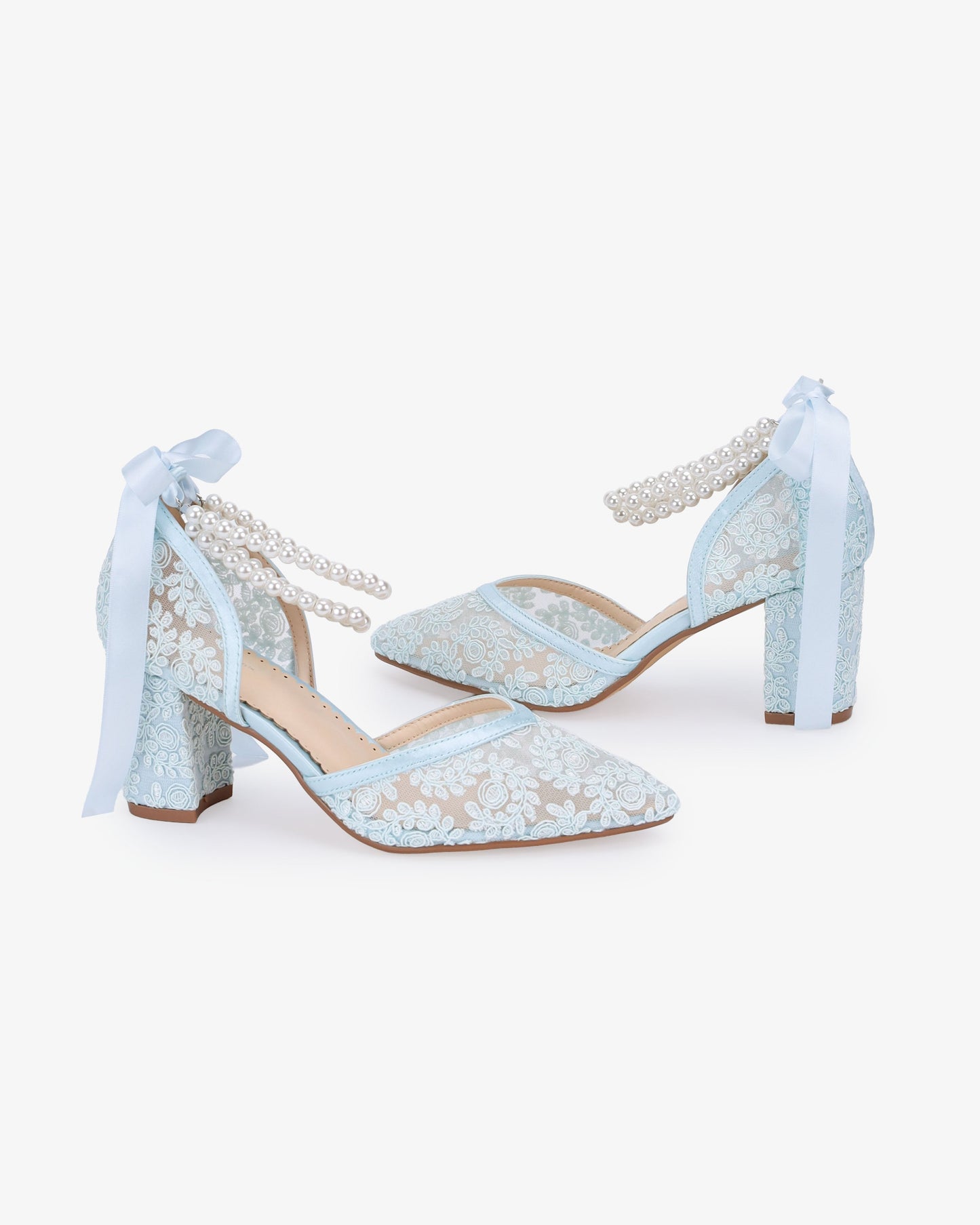 Lace Block Heel For Weddings with Double Pearls Ankle Strap