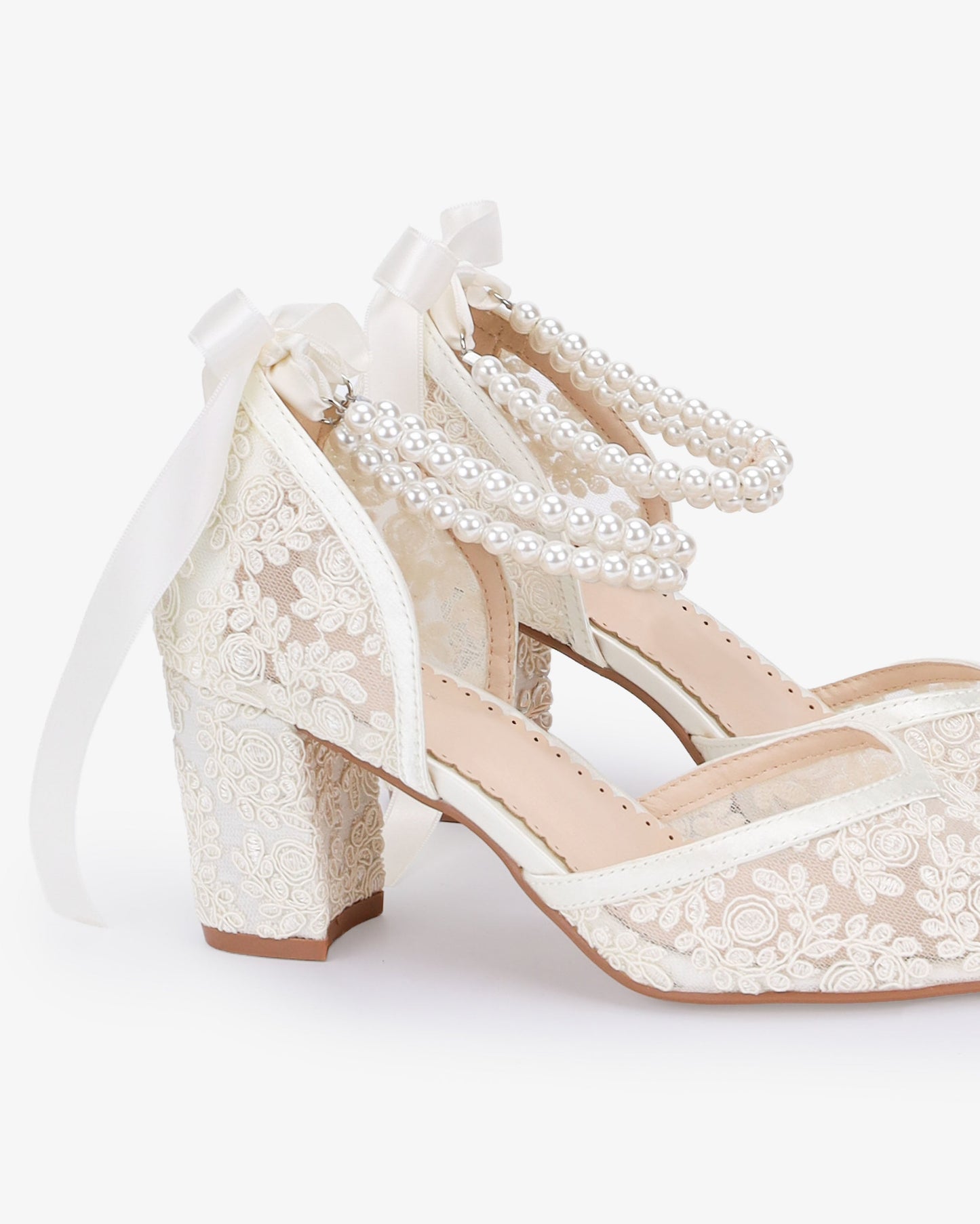 Lace Block Heel For Weddings with Double Pearls Ankle Strap