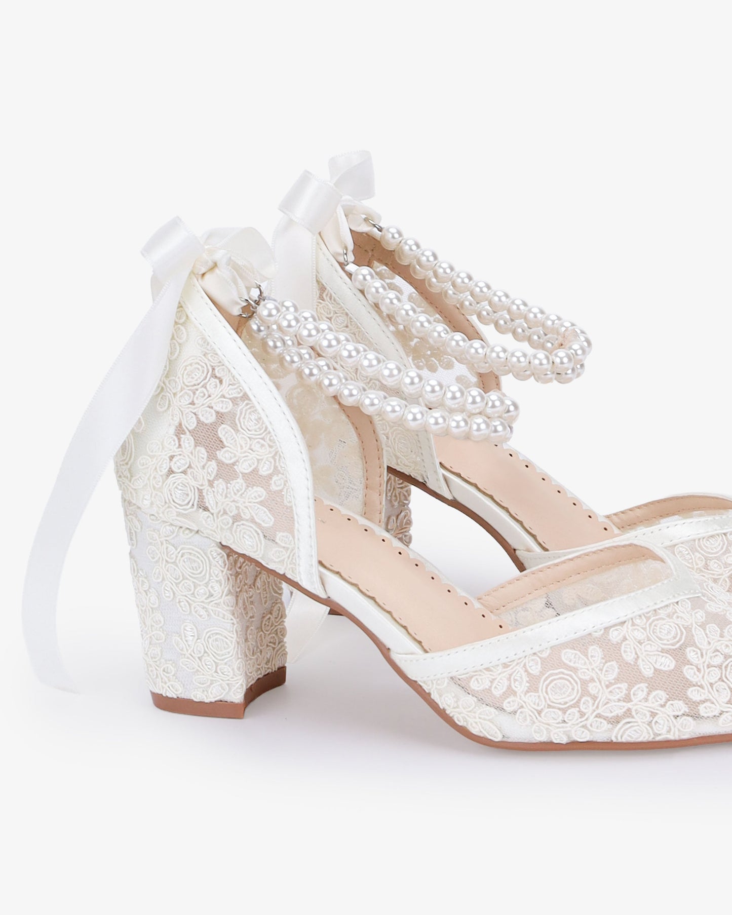 Lace Block Heel For Weddings with Double Pearls Ankle Strap