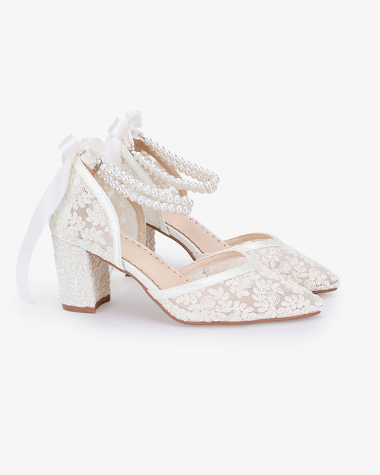 Lace Block Heel For Weddings with Double Pearls Ankle Strap