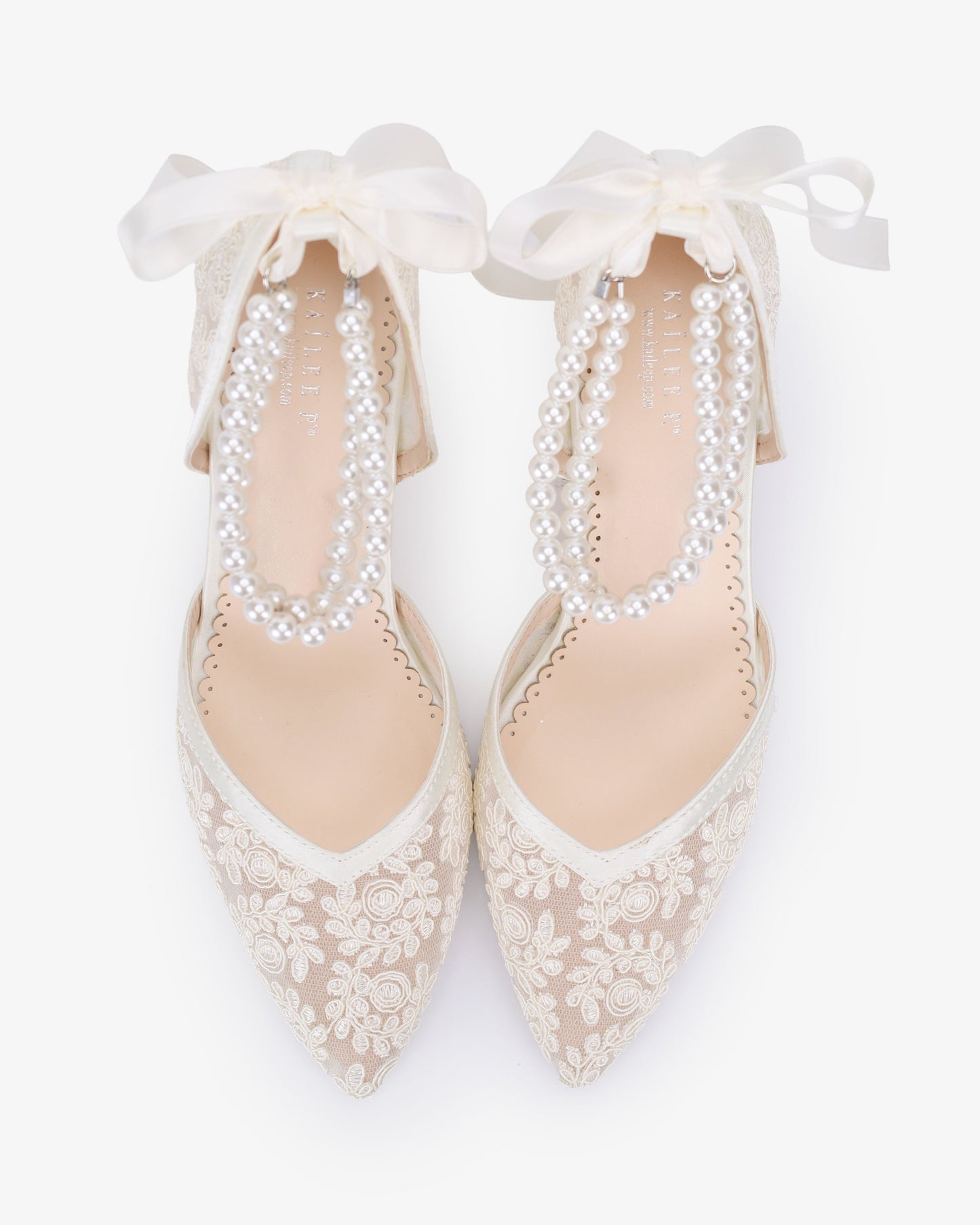 Lace Block Heel For Weddings with Double Pearls Ankle Strap
