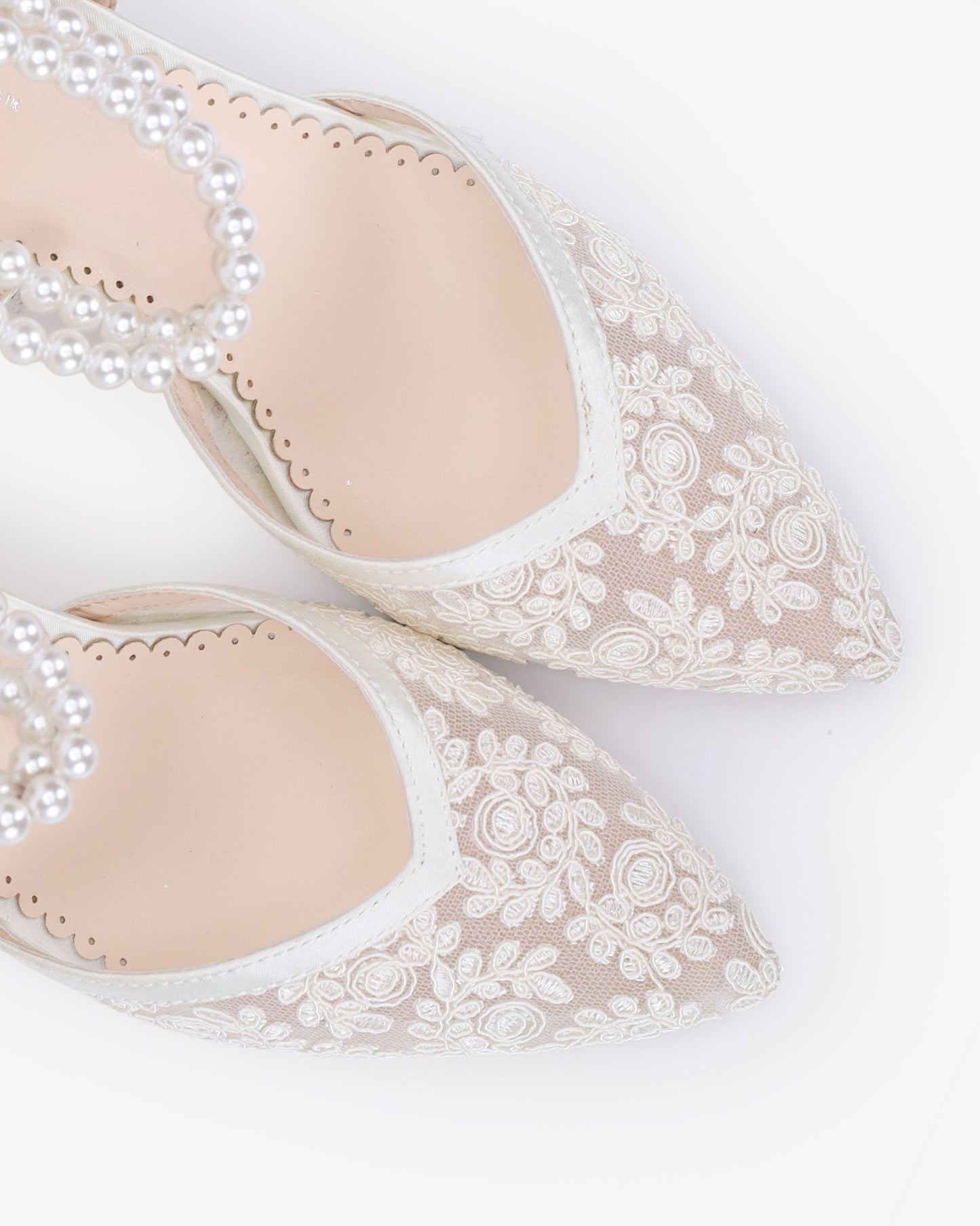 Lace Block Heel For Weddings with Double Pearls Ankle Strap