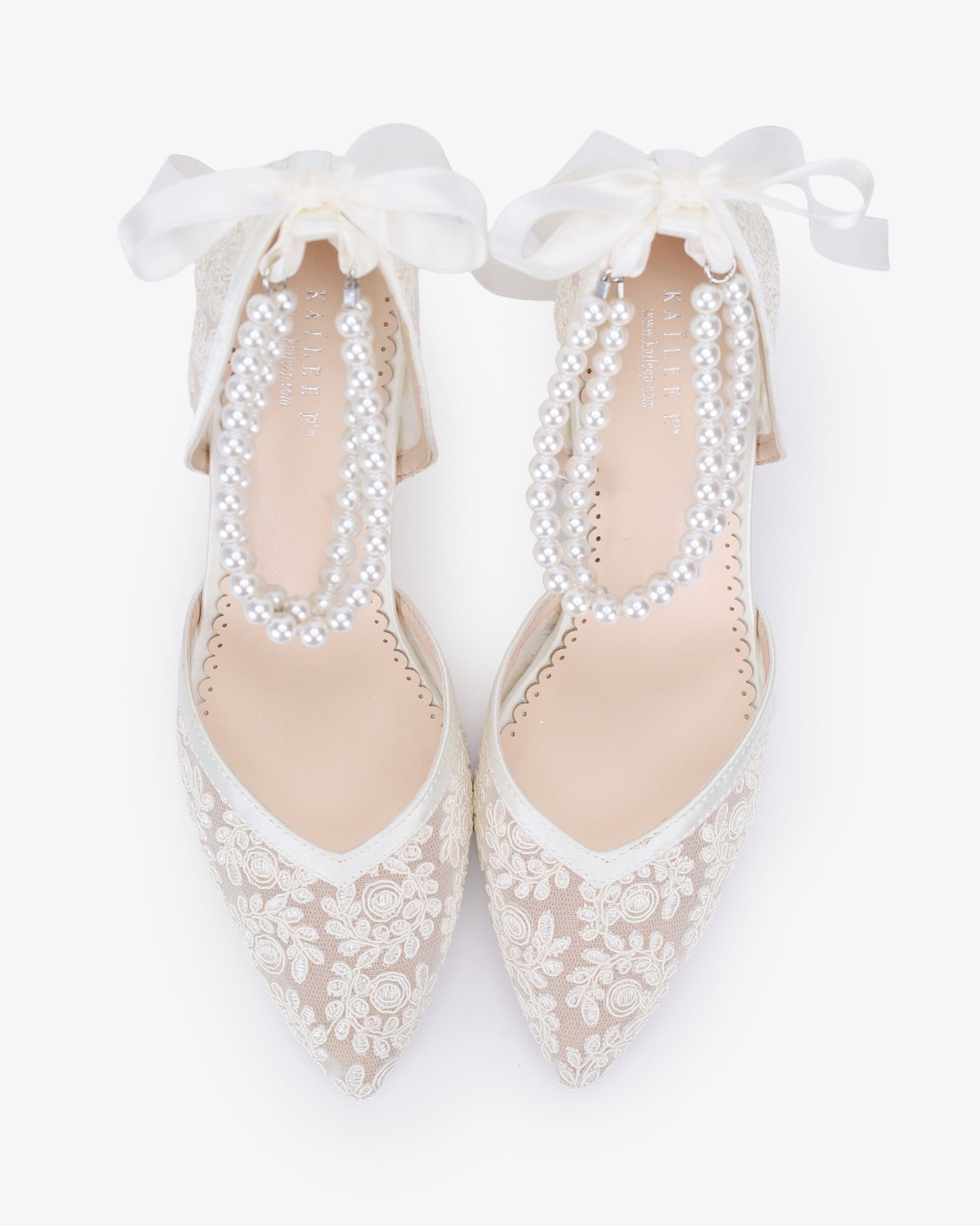 Lace Block Heel For Weddings with Double Pearls Ankle Strap