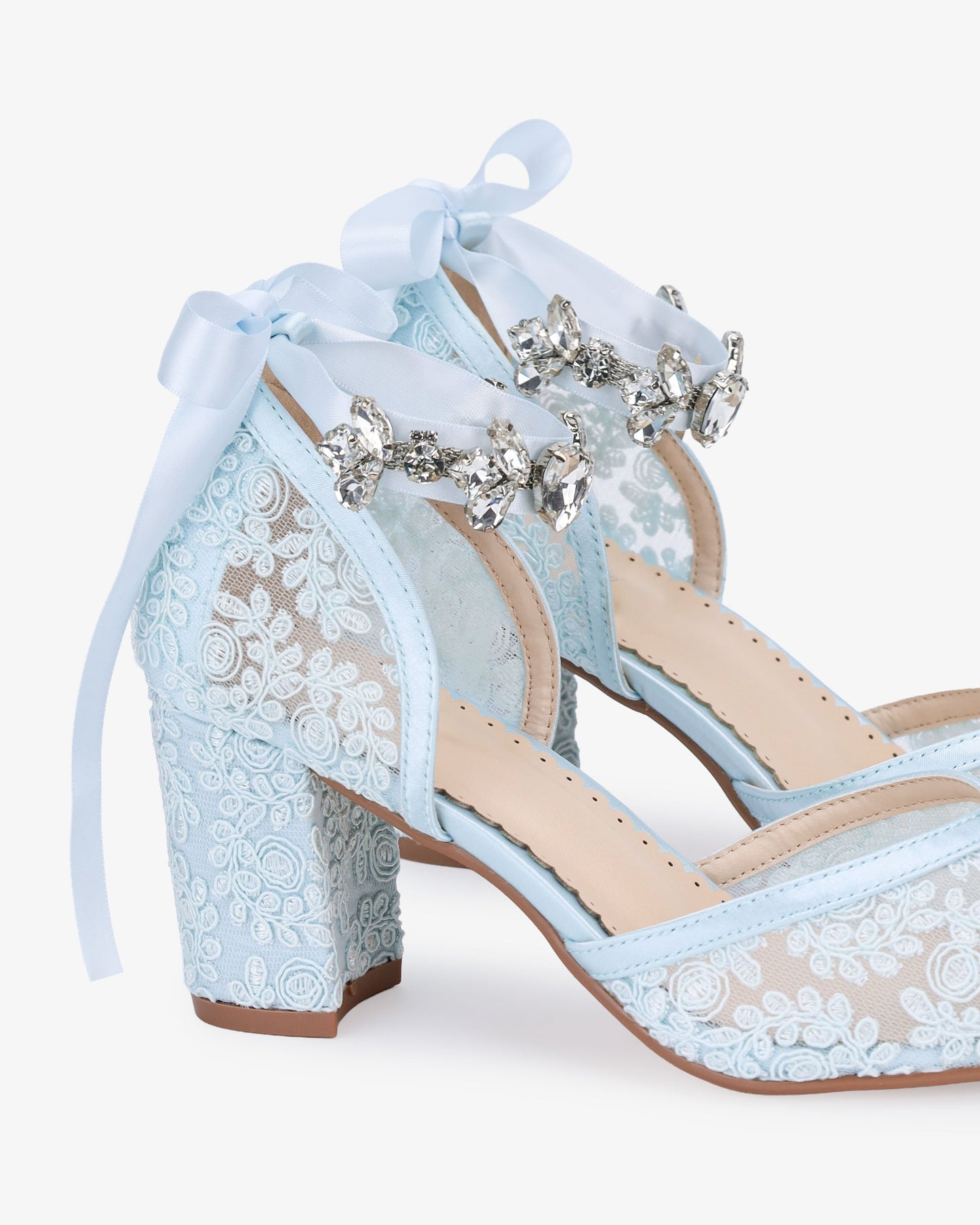 Lace Block Heel For Weddings with Navette Cluster Rhinestones Strap