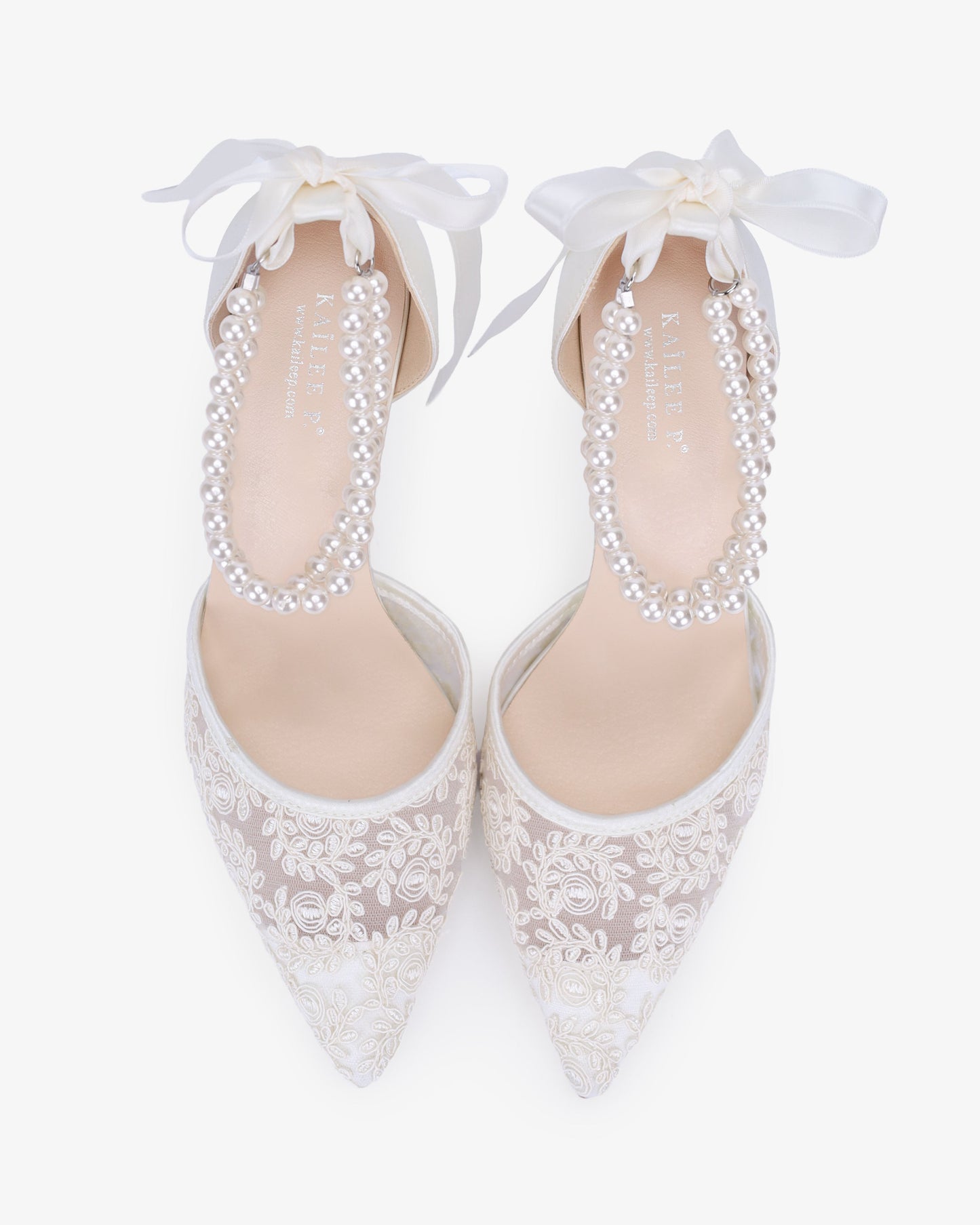 Wedding Lace Heels with Double Pearls Ankle Strap