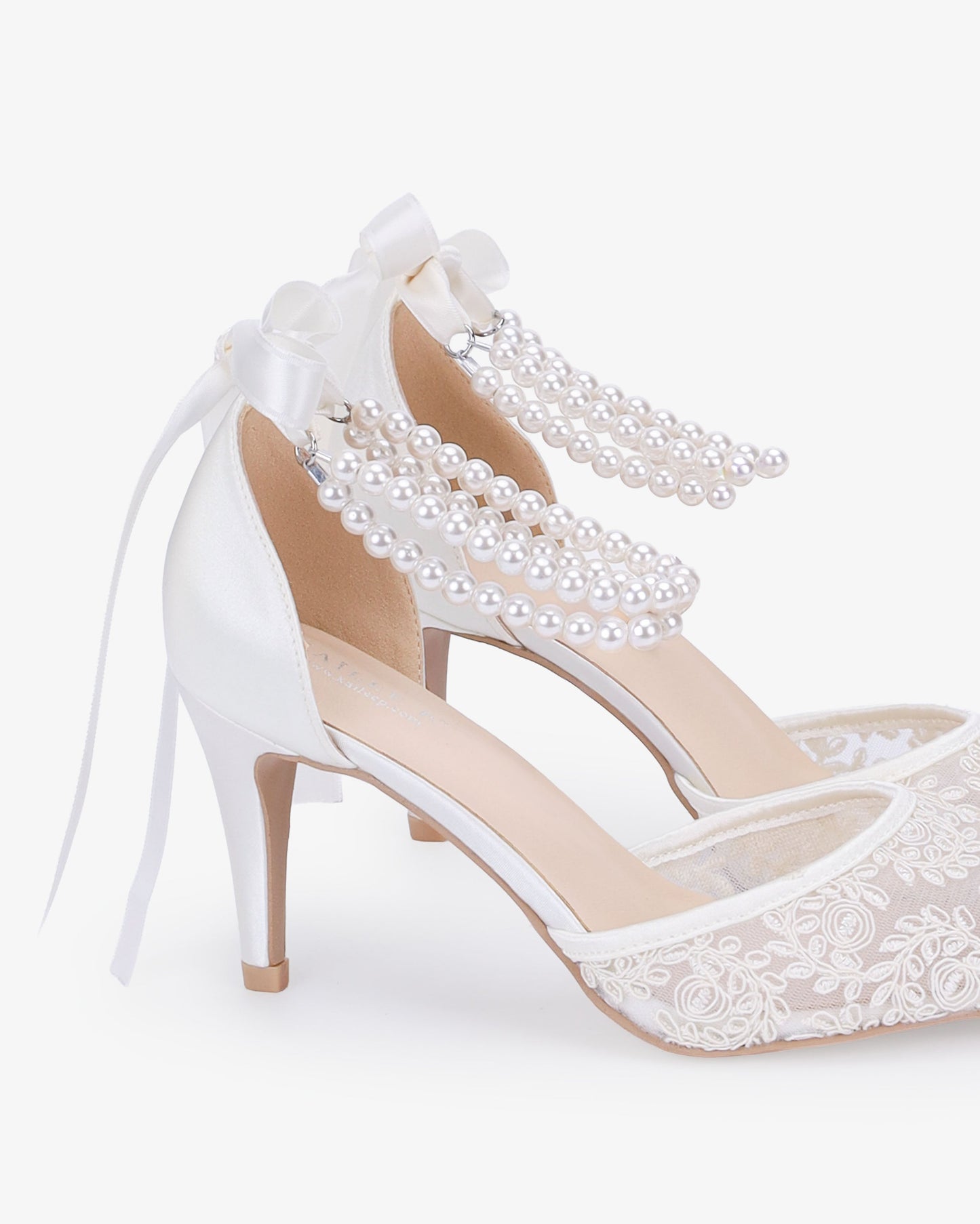 Wedding Lace Heels with Double Pearls Ankle Strap