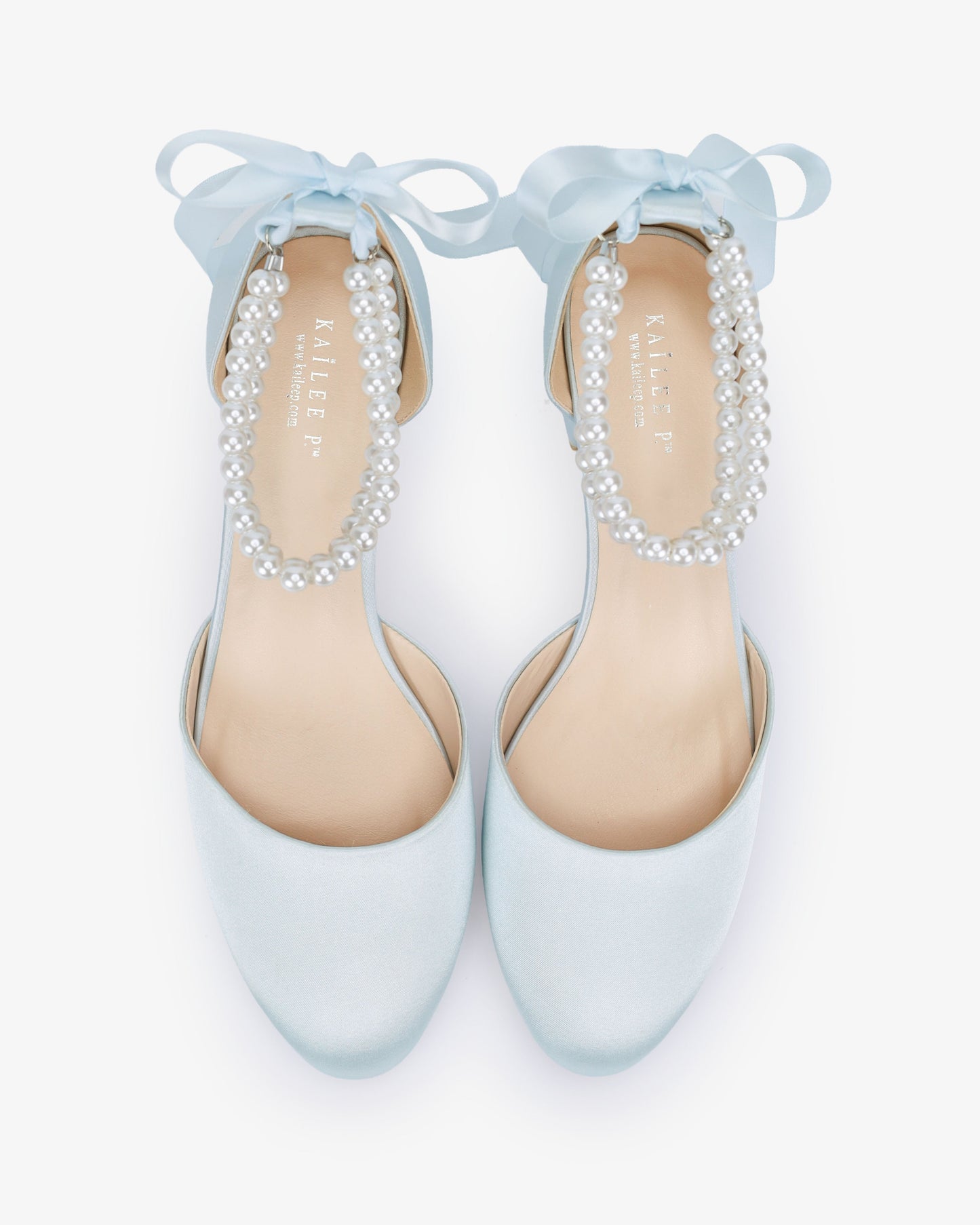 Round Toe Satin Low Block Heel with Double Pearls Ankle Strap