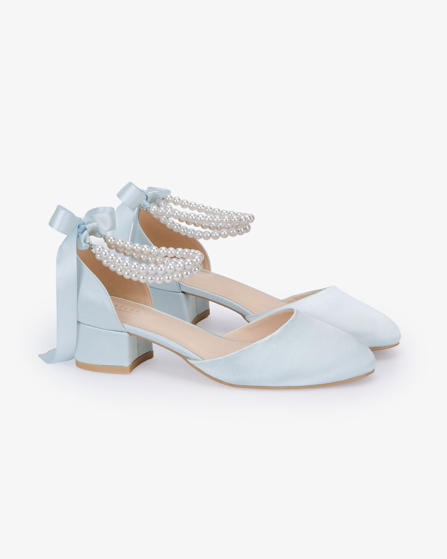 Round Toe Satin Low Block Heel with Double Pearls Ankle Strap