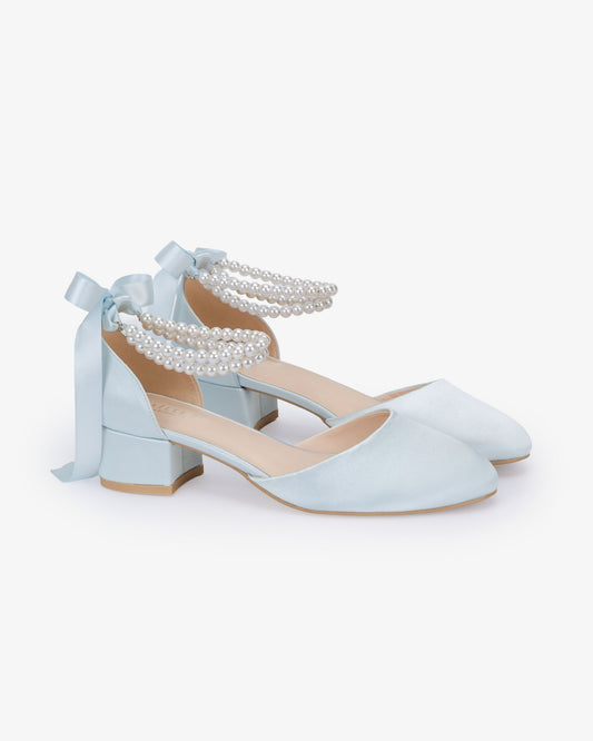 Round Toe Satin Low Block Heel with Double Pearls Ankle Strap