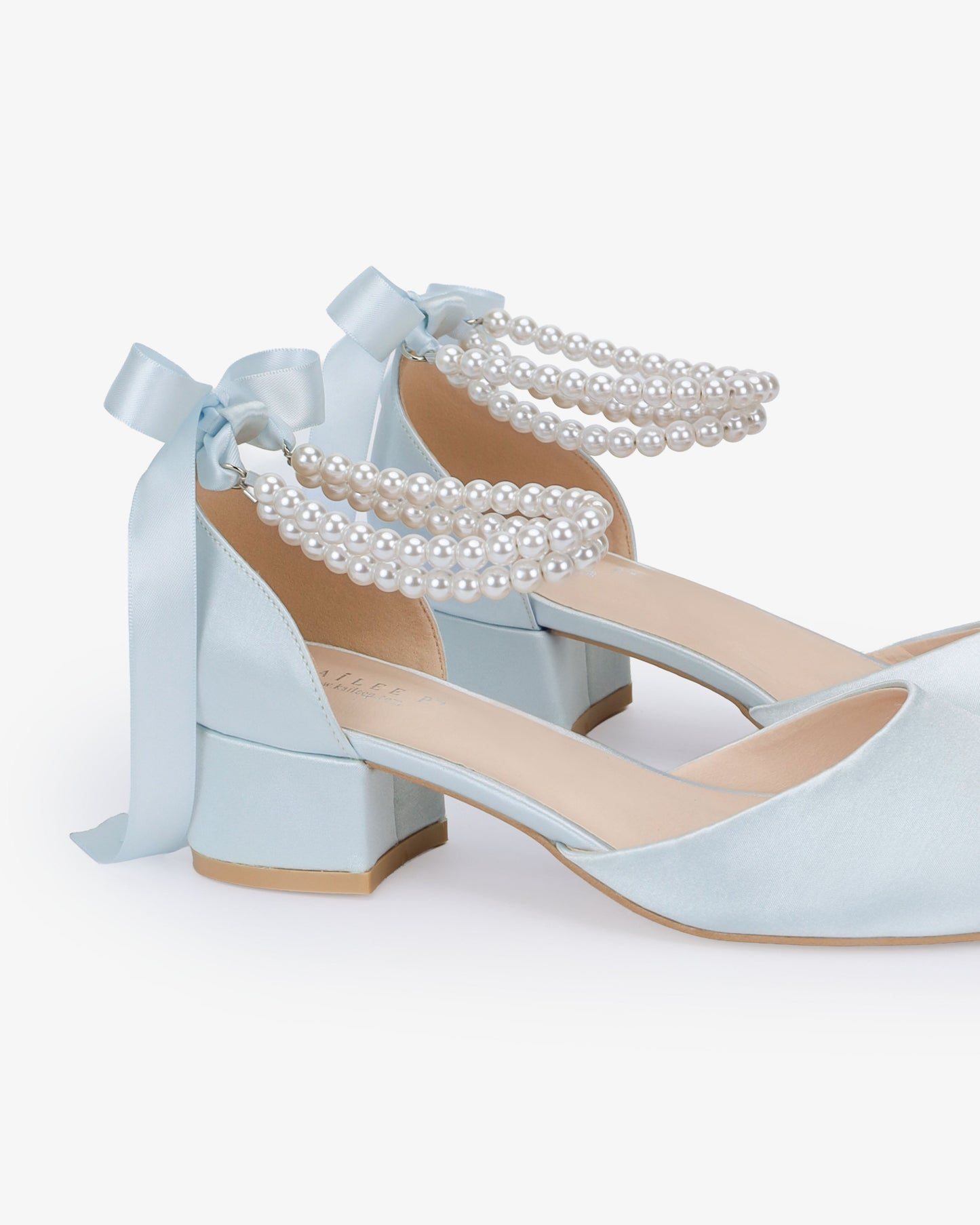 Round Toe Satin Low Block Heel with Double Pearls Ankle Strap