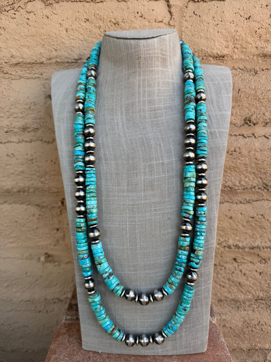 Handcrafted Rolled Natural Kingman Turquoise & Sterling Silver 12mm Beaded Necklace 64"