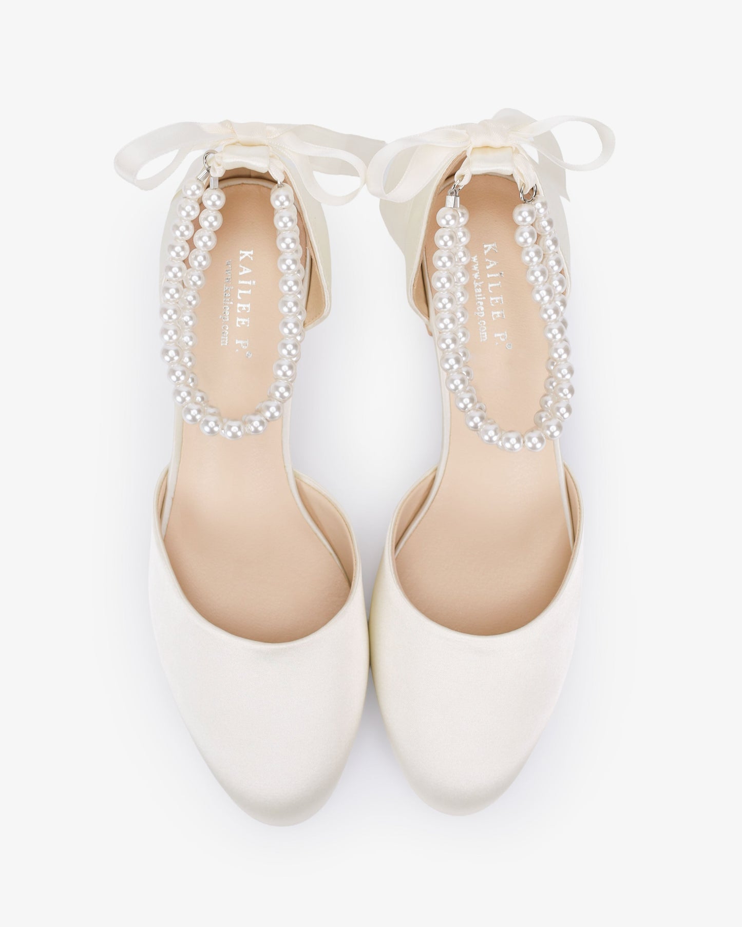 Round Toe Satin Low Block Heel with Double Pearls Ankle Strap