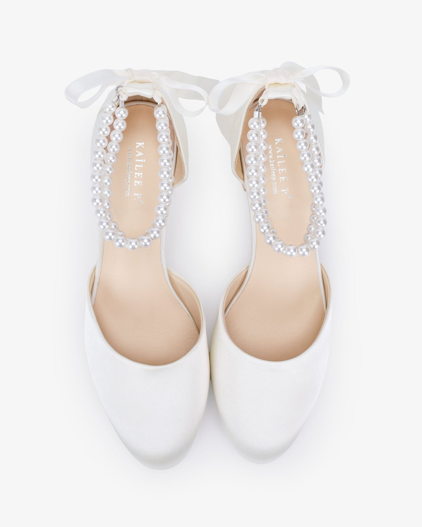 Round Toe Satin Low Block Heel with Double Pearls Ankle Strap