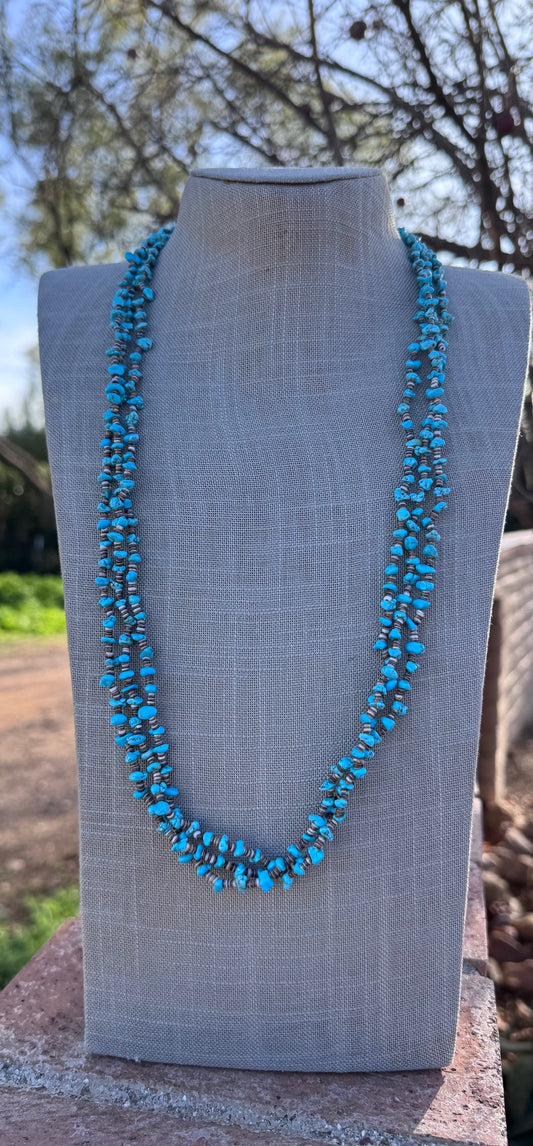 Handcrafted Kingman Turquoise & Heishi 3 strand Beaded Necklace 30"