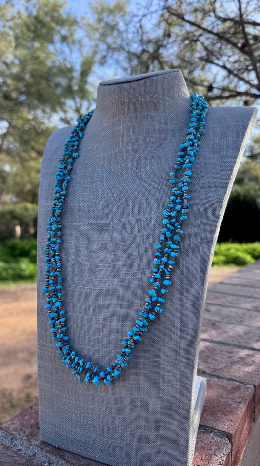Handcrafted Kingman Turquoise & Heishi 3 strand Beaded Necklace 30"