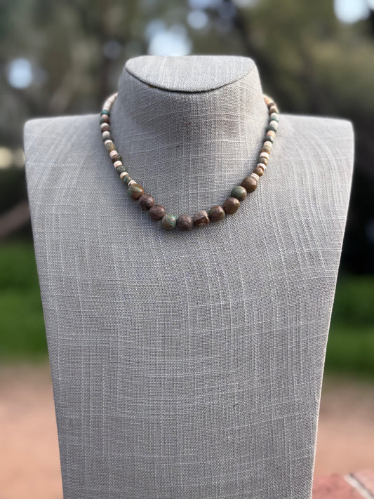 Handcrafted Royston Turquoise & Heishi, Sterling Silver Beaded Necklace 15"