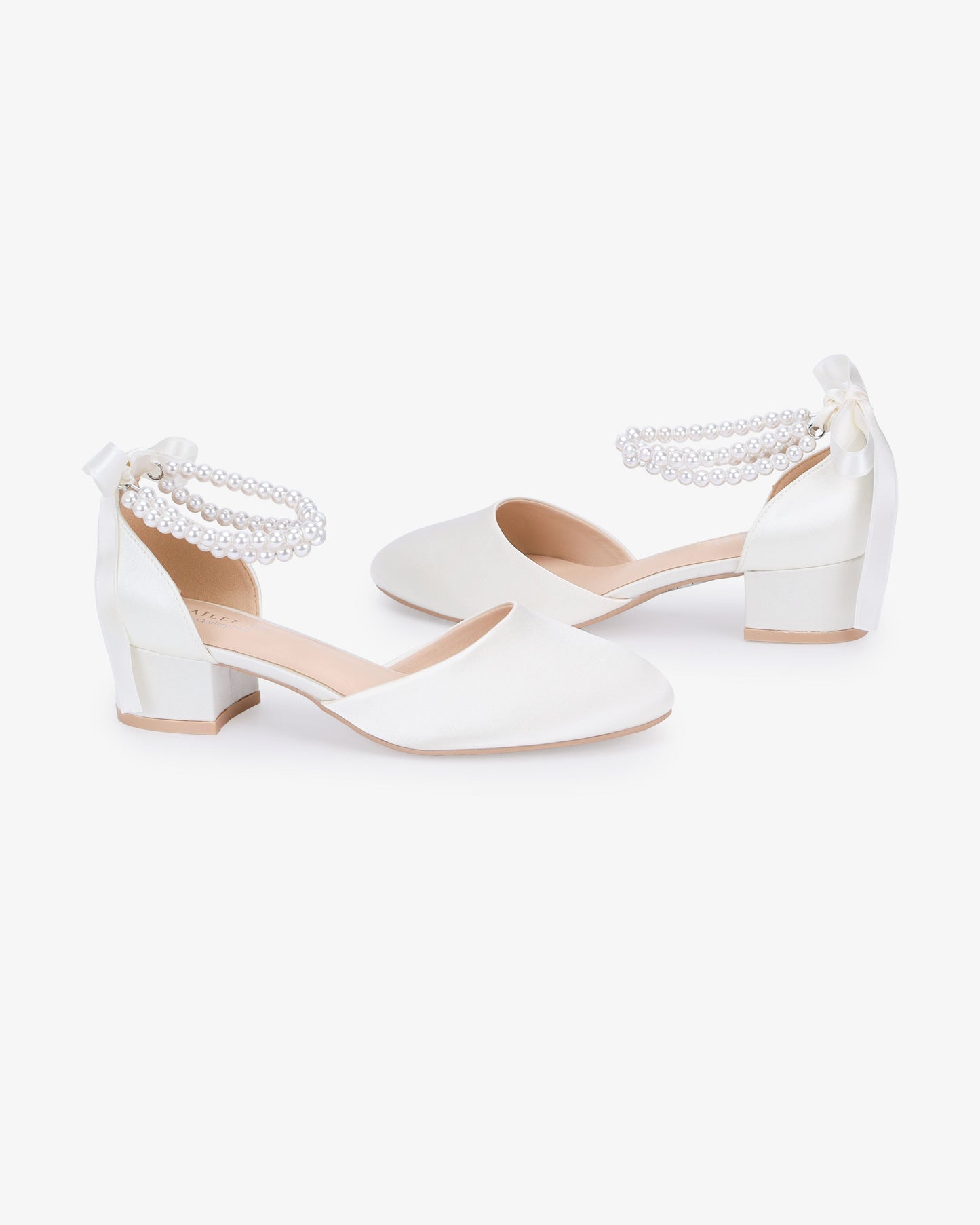Round Toe Satin Low Block Heel with Double Pearls Ankle Strap