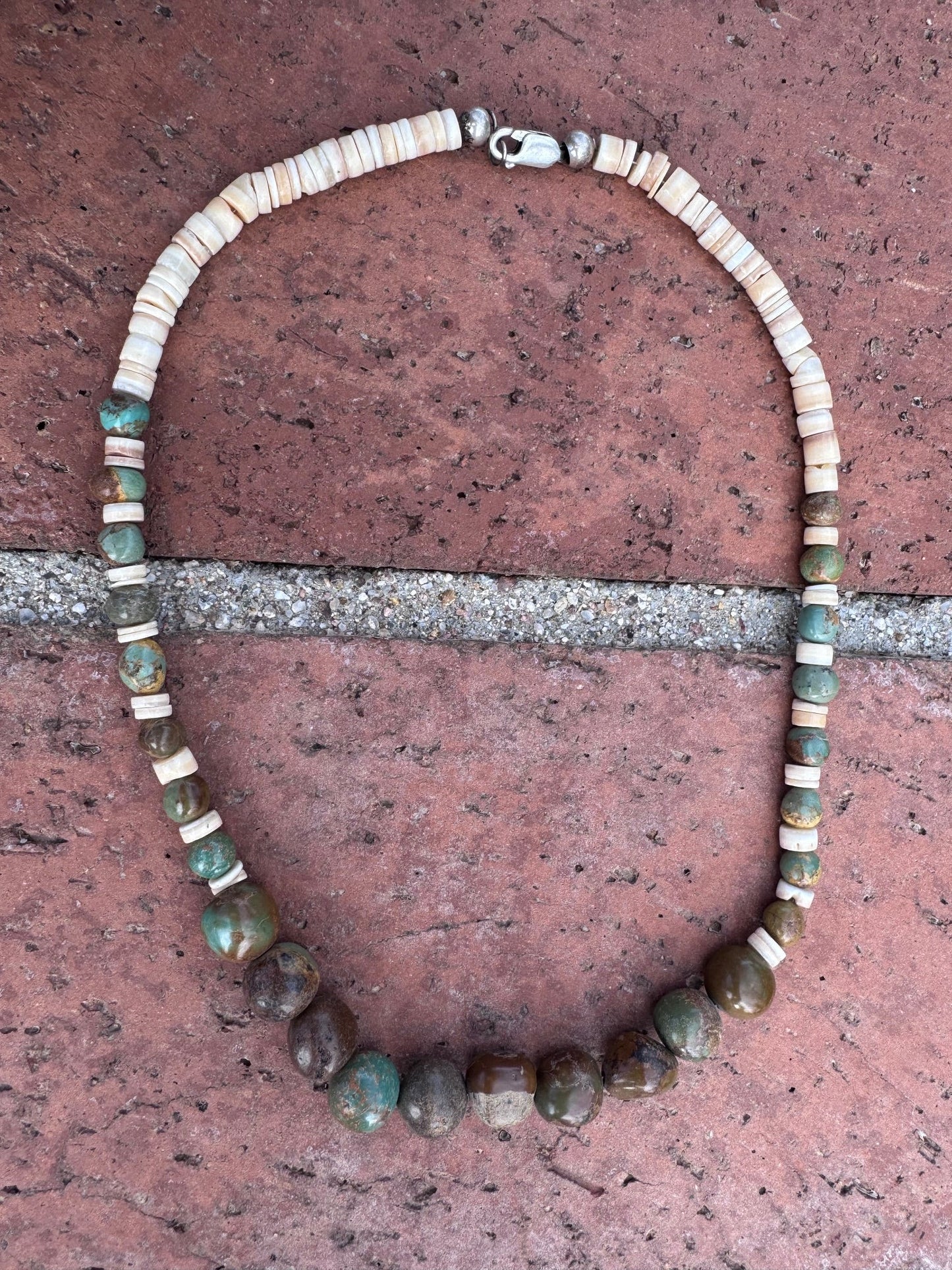 Handcrafted Royston Turquoise & Heishi, Sterling Silver Beaded Necklace 15"