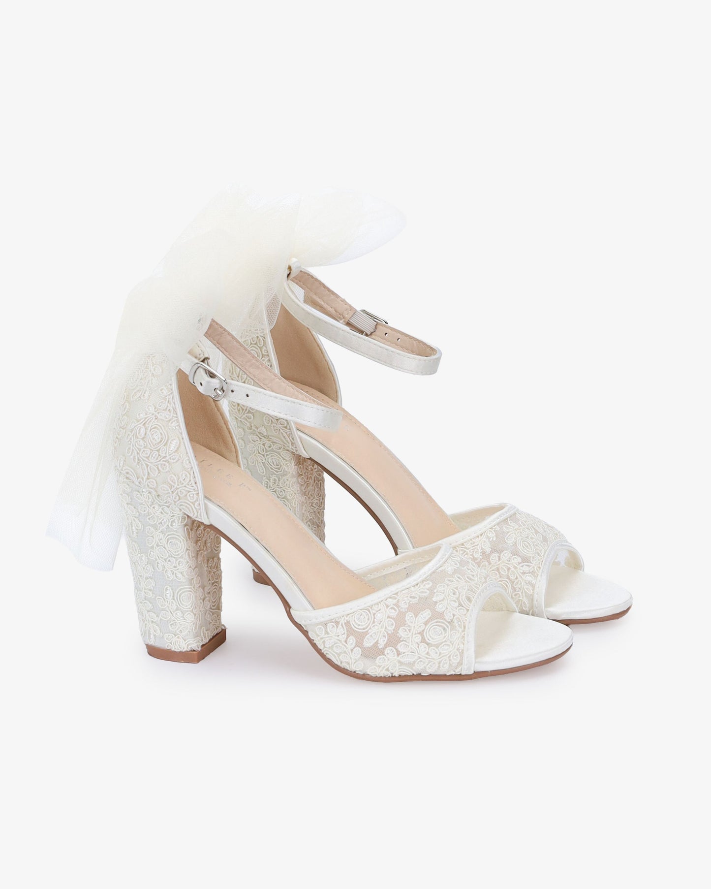 Crochet Lace Block Heel Sandals with Tulle Back Bow
