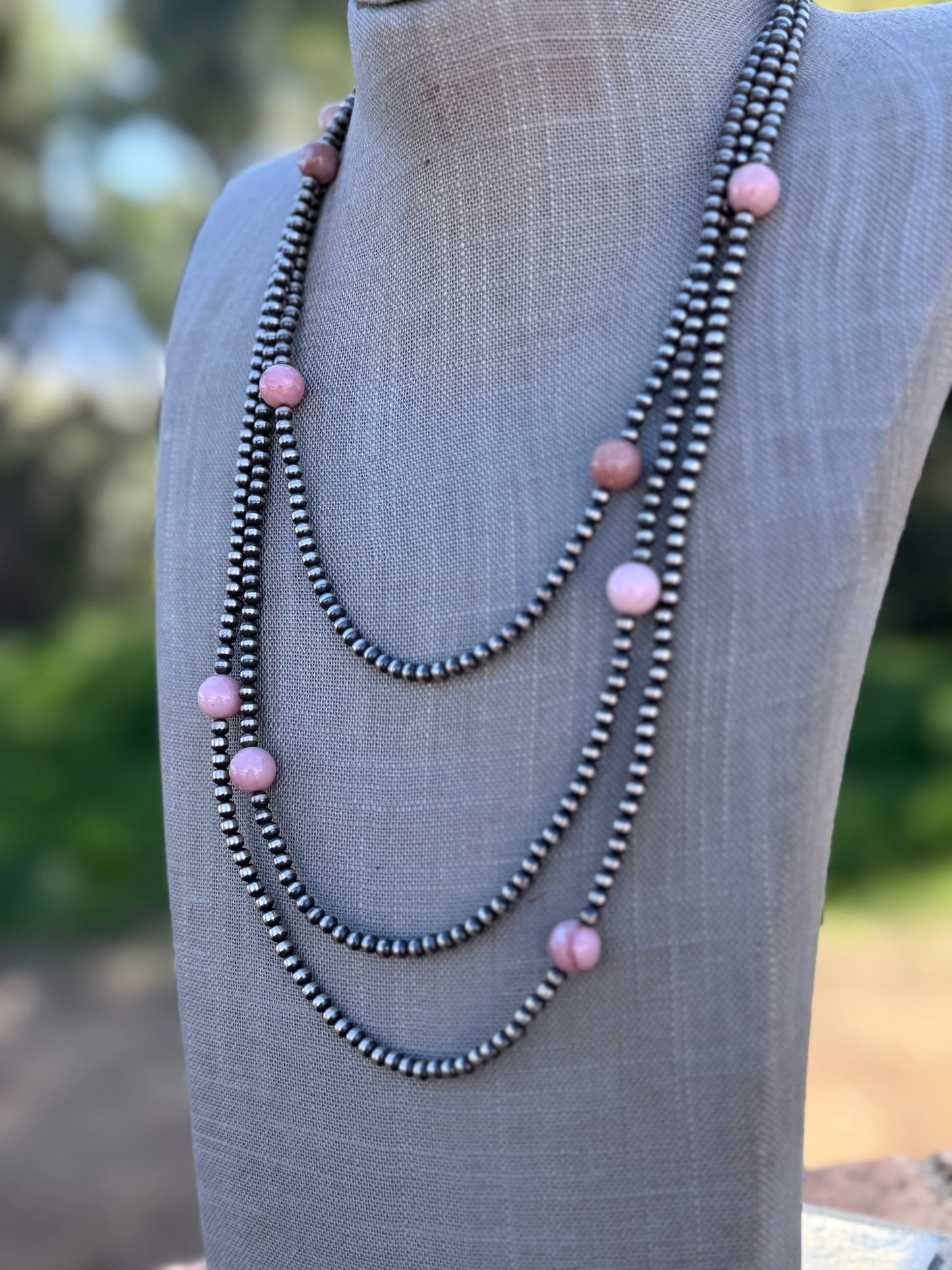 Handcrafted Sterling Silver & Pink Conch 4mm beaded Necklace 72"